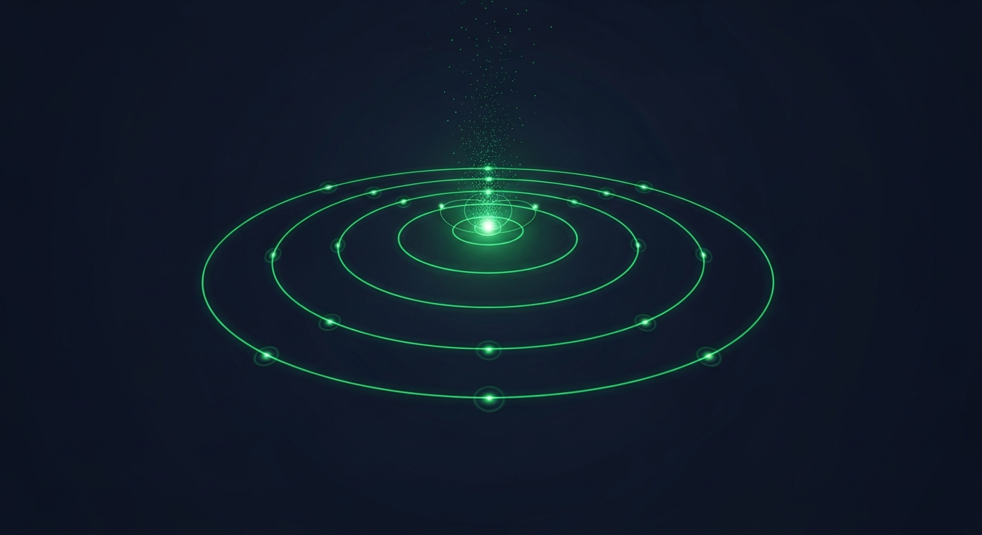 Editorial illustration of six luminous green concentric signal rings converging on a single bright node above a deep navy field, with faint orbiting dots, suggesting many scattered intent signals resolving into one clear account.
