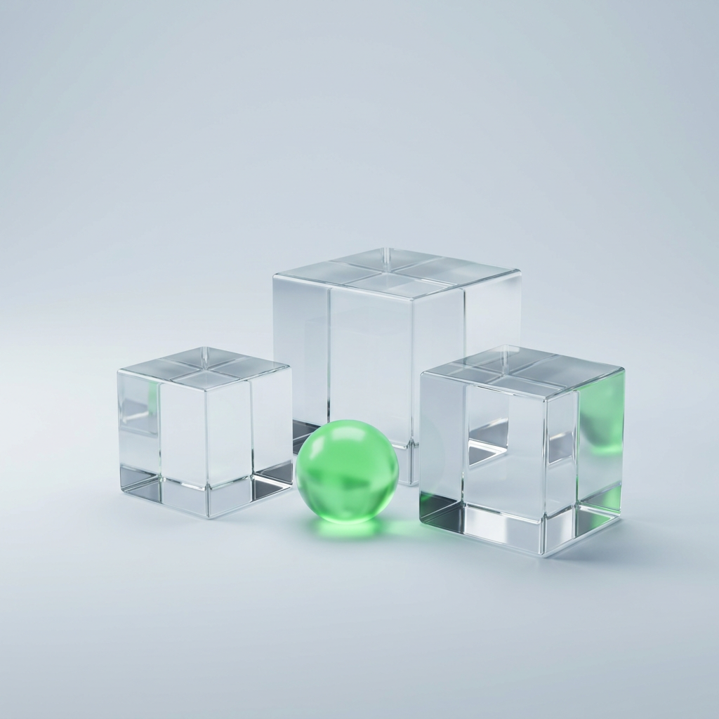 Three clear glass cubes of different sizes sit in a loose triangle, with one small glowing green sphere resting on the floor in the gap between them.