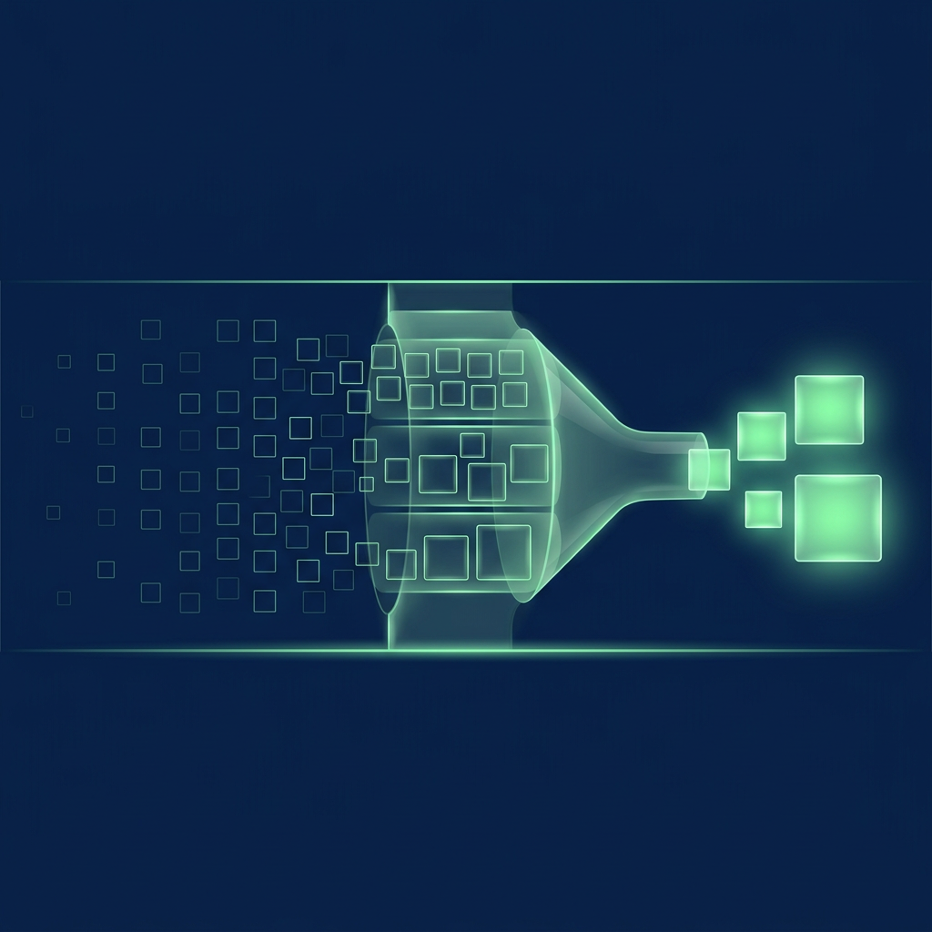 A field of small outlined squares passing through a glass funnel with three stacked tiers and emerging as a few large glowing green squares.