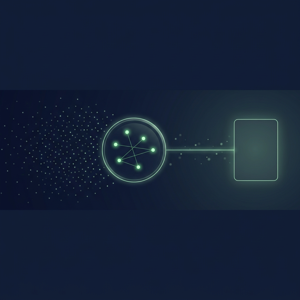 A lens ring on a deep navy field bringing five glowing nodes out of a dim scatter of dots, with a green line leading to a blank page card.