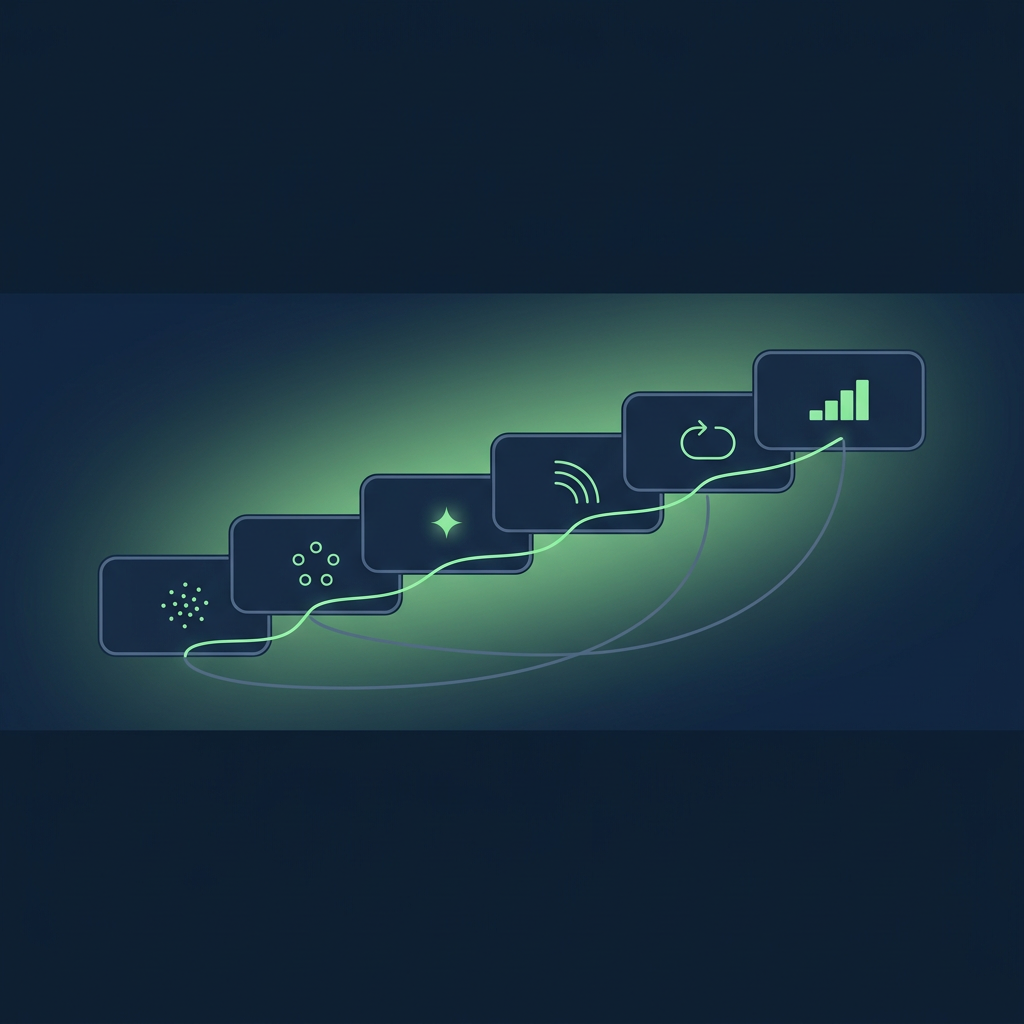 Text-free editorial vector illustration on a deep navy background, composition held inside a darker horizontal band across the middle of the frame with a soft green glow: six rounded slate-outlined plates climb in a staircase from lower left to upper right, holding in turn a cluster of small green dots, a ring of five small circles, a four-pointed spark, three curved signal arcs, a looping return arrow and a three-step rising bar; a glowing green line threads through all six plates in order, and two faint slate lines curve back from the later plates to the first; no letters, numbers, labels or logos.