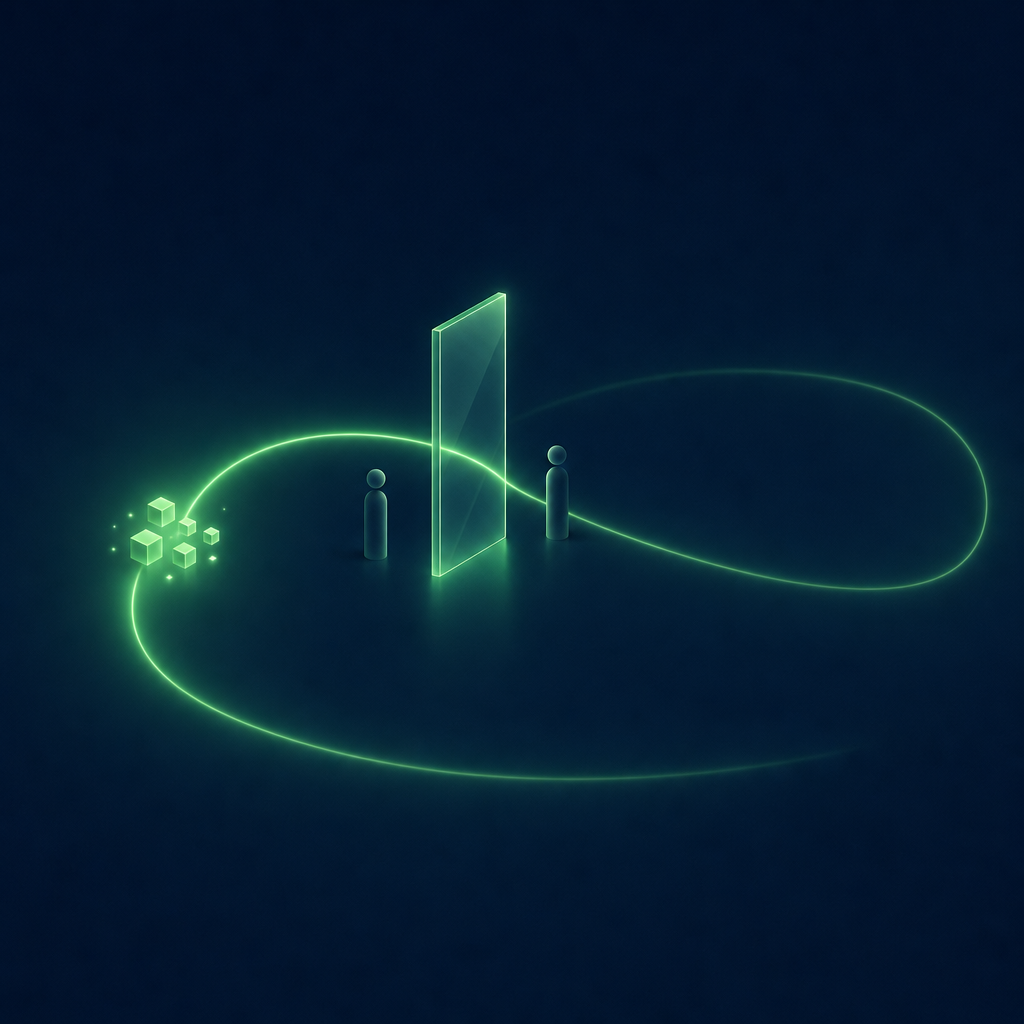 A green line leaves a cluster of glowing cubes, passes a glass gate between two small figures and continues in a longer loop.
