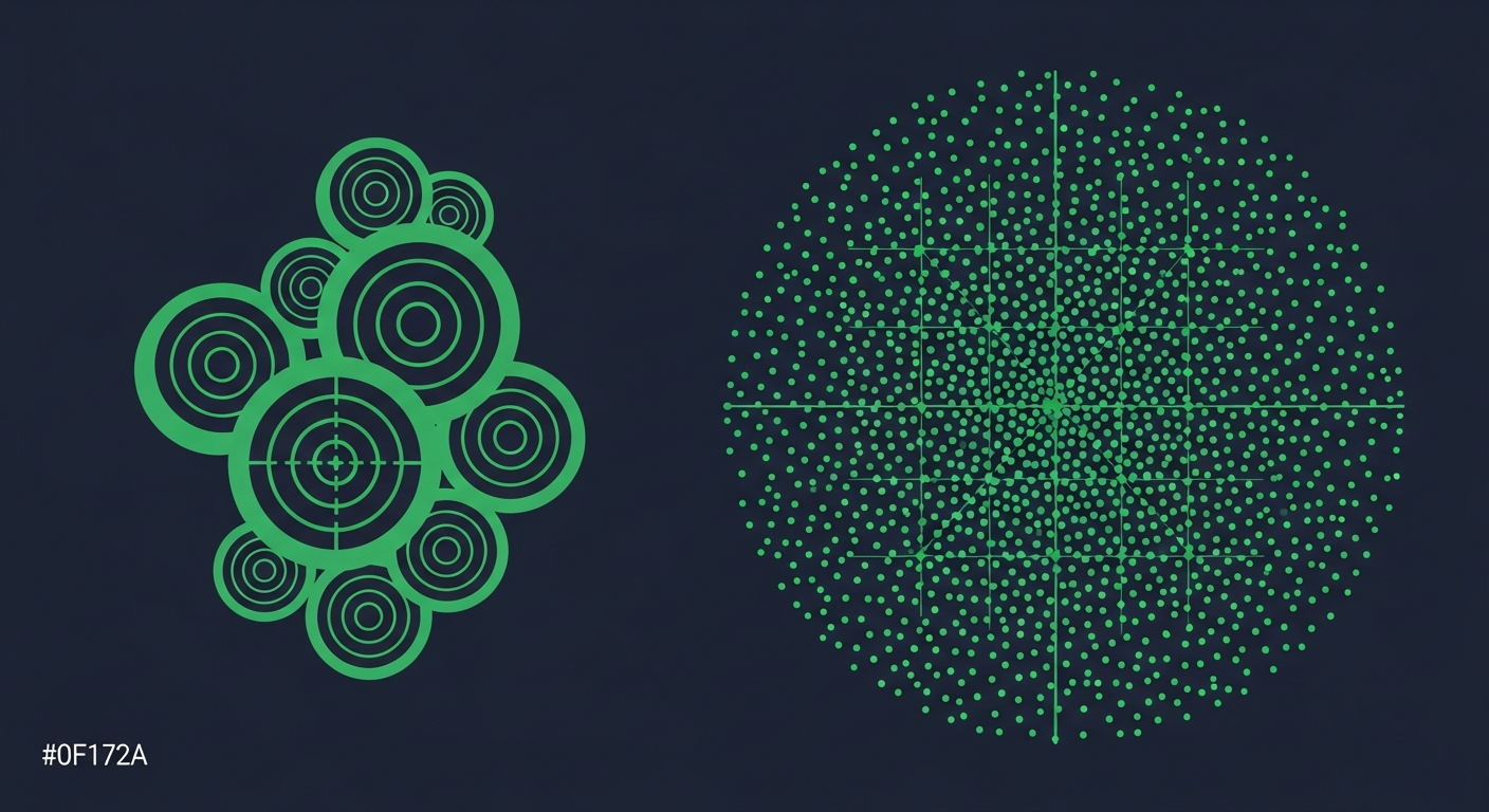 Editorial illustration contrasting a tight cluster of green concentric targeting rings on the left with a wide field of small green dots on the right, on a deep navy background.