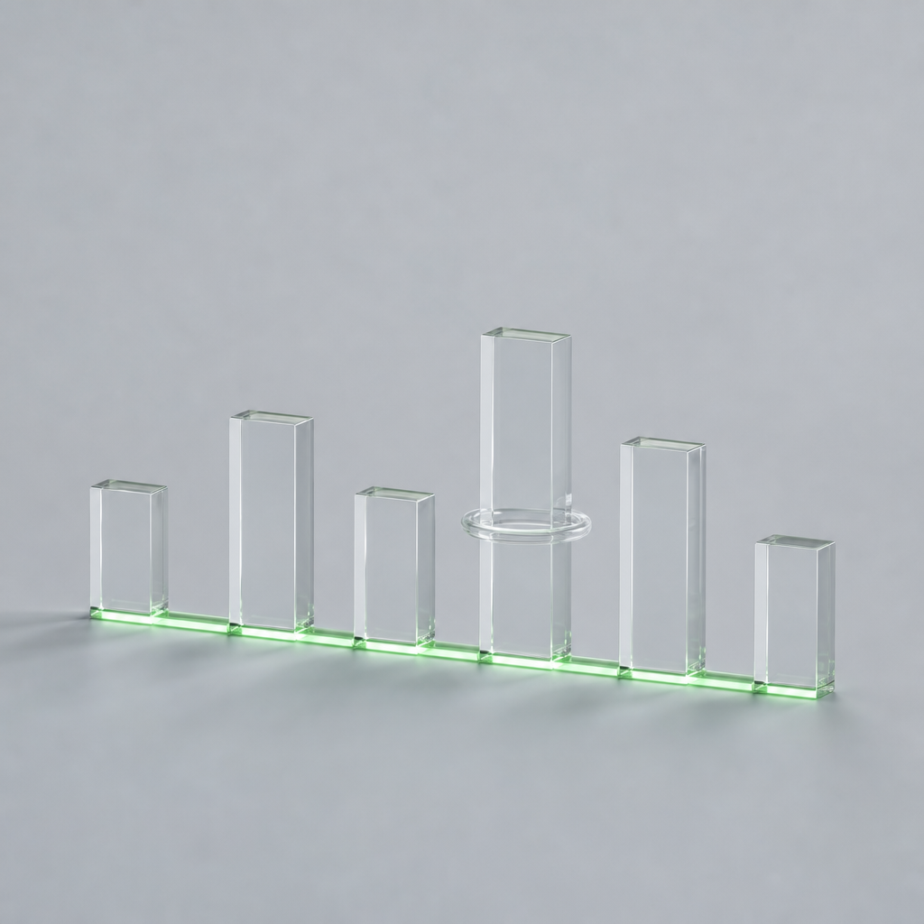 Six clear glass blocks of different heights in a row, joined along their bases by a green line, with the tallest wearing a small clear ring.
