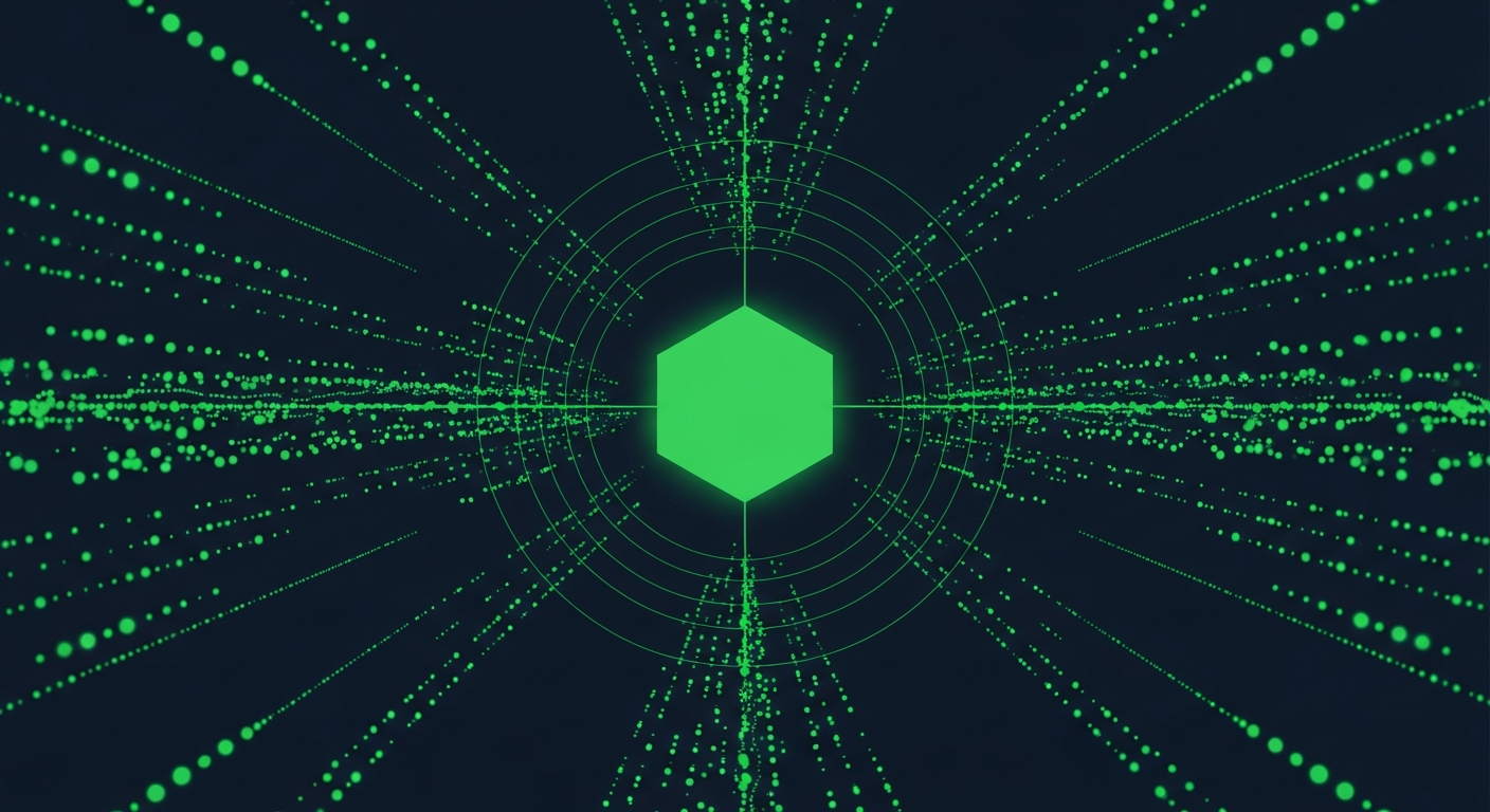 Editorial illustration of many small green signal dots converging into a single glowing hexagon account node on a deep navy background, suggesting contact-level signals aggregated to the account level.