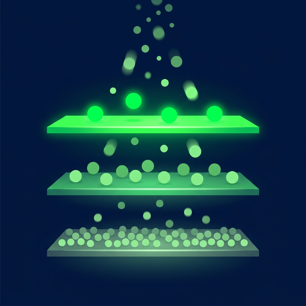Editorial illustration on a deep navy background of company dots sorting themselves down three stacked glowing green shelves of decreasing brightness, the top shelf holding a few large luminous dots.
