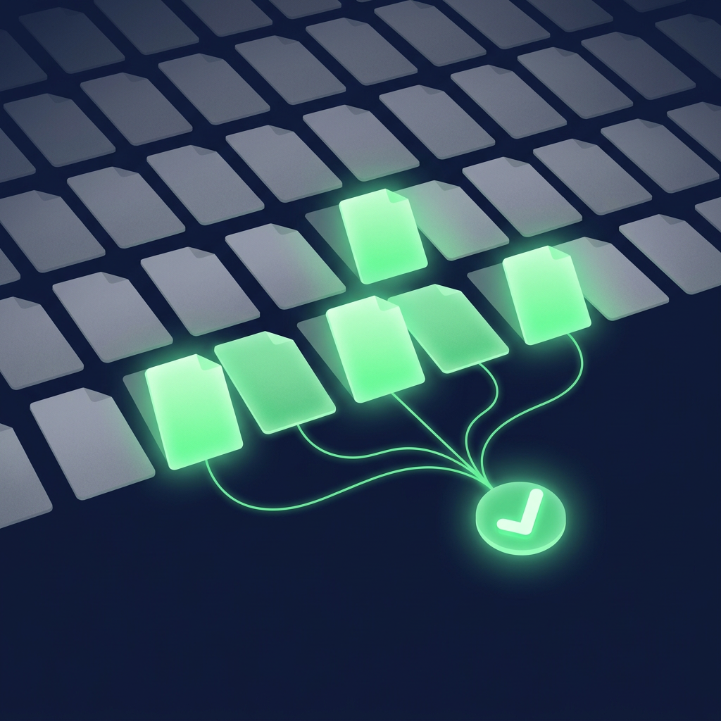 Editorial vector illustration on a deep navy background: a grid of plain document cards, most faded and grey, with a few cards lifting forward glowing luminous green and connected by thin green lines to a single bright checkmark badge, suggesting a verified subset drawn from a larger set. No text, no numbers, readable purely from shapes and glow.