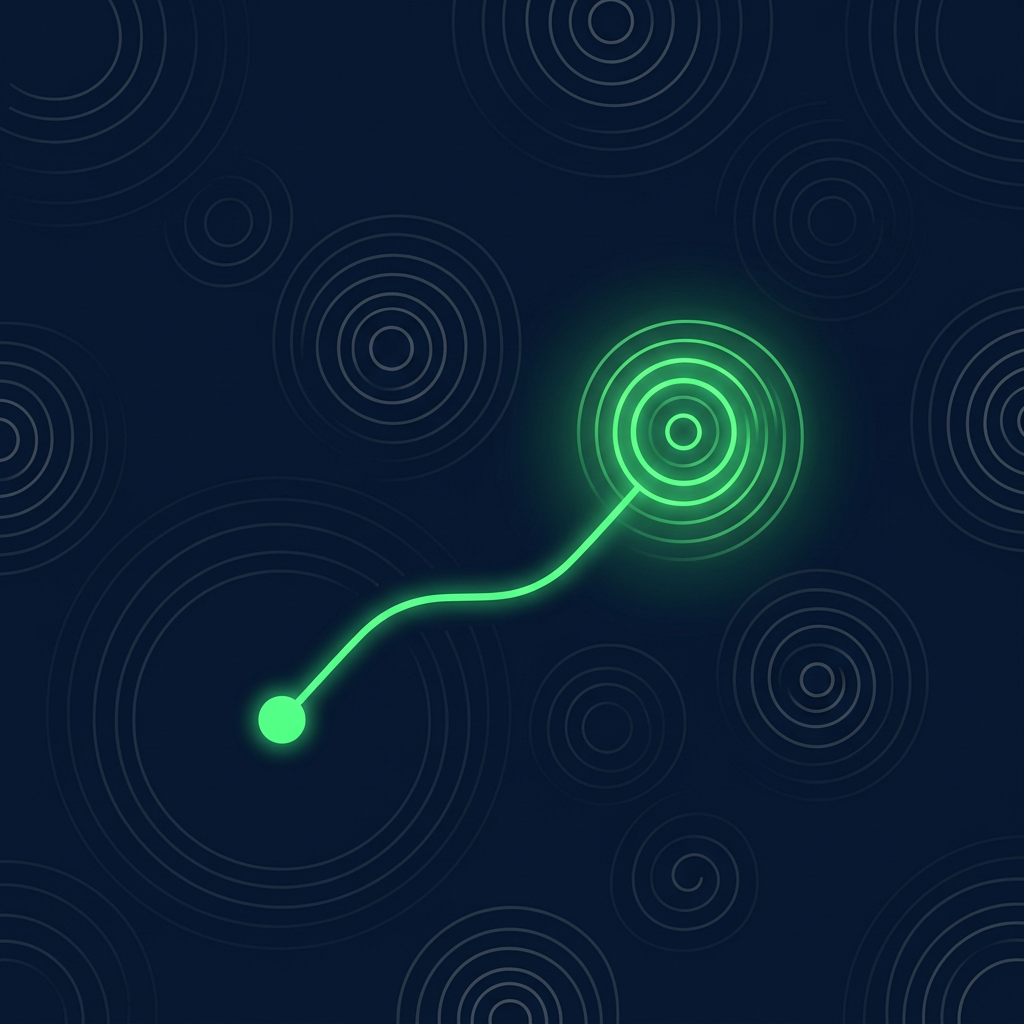 Editorial vector illustration on a deep navy background: several faint grey pulse rings scattered across the canvas, with one ring glowing bright luminous green and a green connecting line running from it to a single solid dot, suggesting one verified event chosen from many ambient signals. No text, no numbers, meaning carried by glow, line, and position.