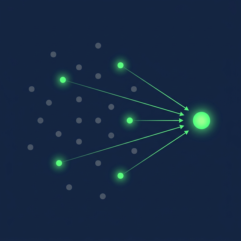 Editorial vector illustration on a deep navy background: a scattering of small dim grey dots across the field with several dots igniting into luminous green and connecting by thin green arrows toward a single brighter node on the right, suggesting weak signals converging into one account worth researching. A faint green question-mark outline sits beside one bright dot to imply an unresolved alternative explanation. Composition reads purely from brightness, direction, and shape. No text, no numbers.