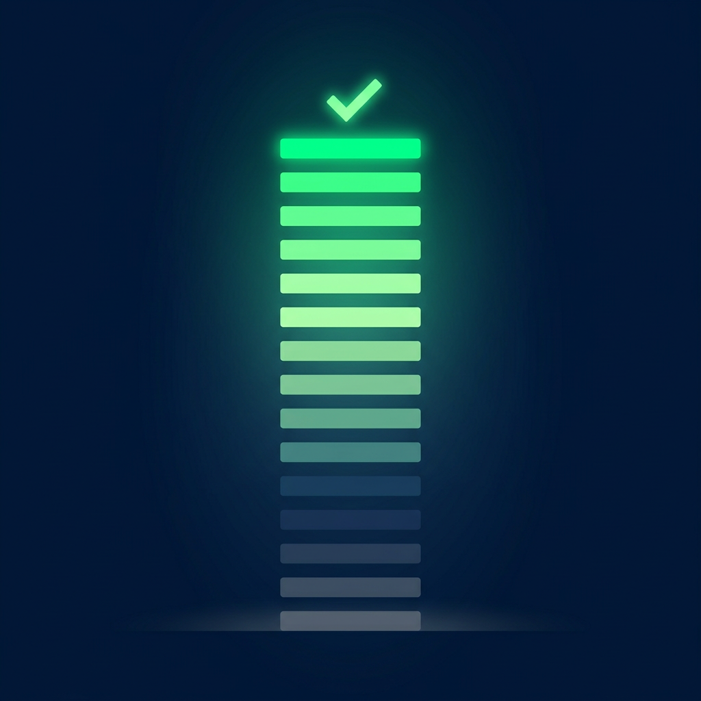 Editorial vector illustration on a deep navy background: a vertical ladder of stacked horizontal bars rising from a dim grey bottom rung to a bright luminous green top rung, each higher bar glowing more intensely, with a small check-shaped marker on the brightest rung. Suggests ascending evidence strength. No text, no numbers, meaning read purely from height, brightness, and shape.