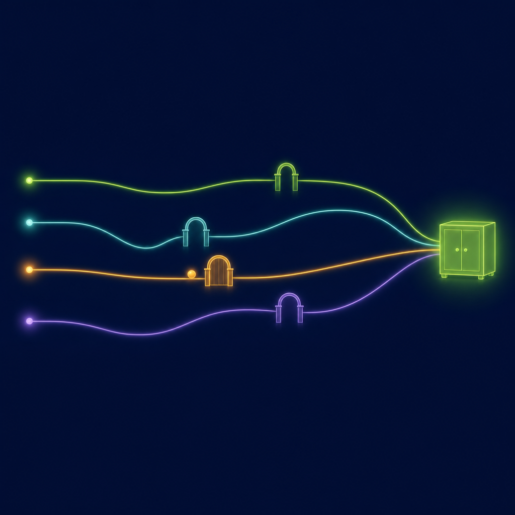 Four contact paths pass through separate gates and converge on one shared CRM.