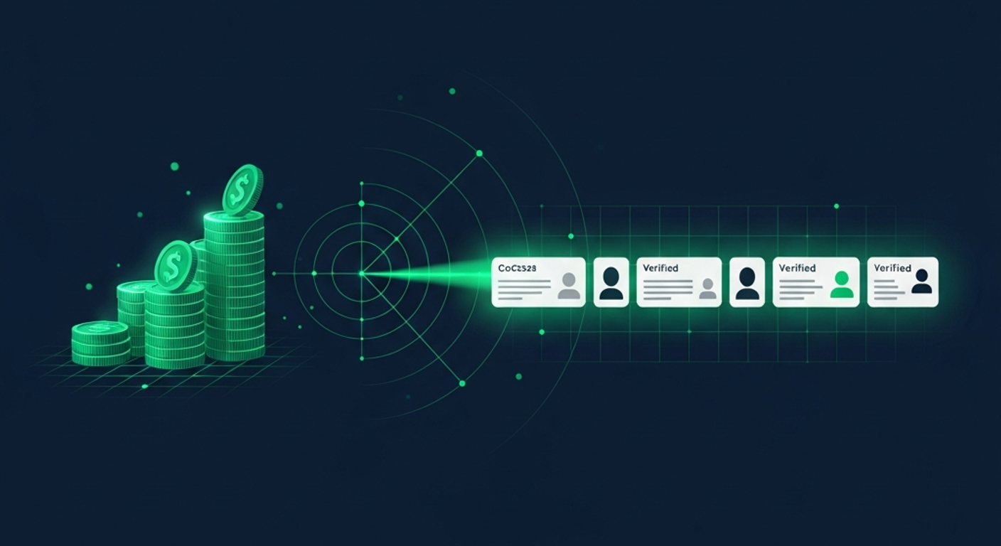 Editorial illustration of a luminous green coin-stack ascending into a radar pulse that resolves into a neat row of glowing verified contact cards on a deep navy background, suggesting affordable, budget-aware B2B intent leads built from low-cost public signals.
