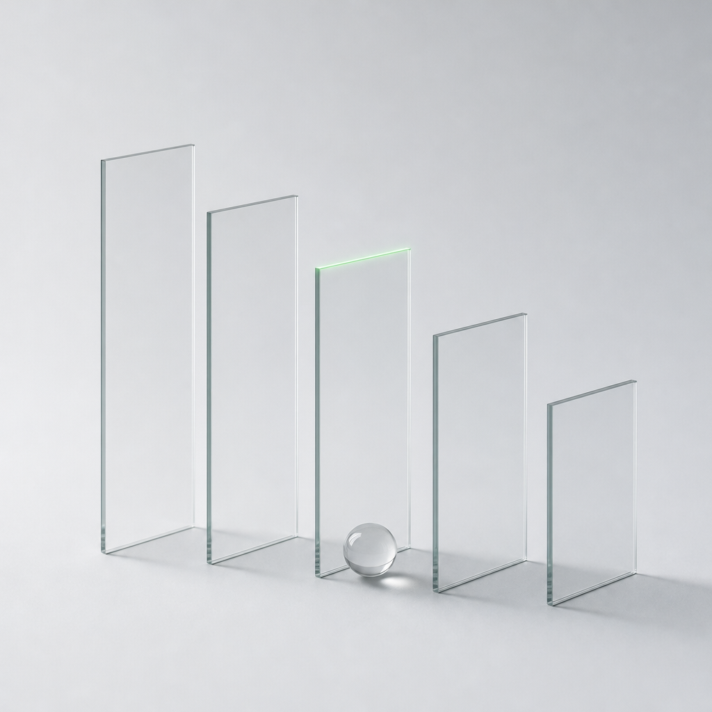 Five thin clear glass plates of descending height in a row, the middle one edged with a green line along its top and a small clear glass sphere resting at its base.