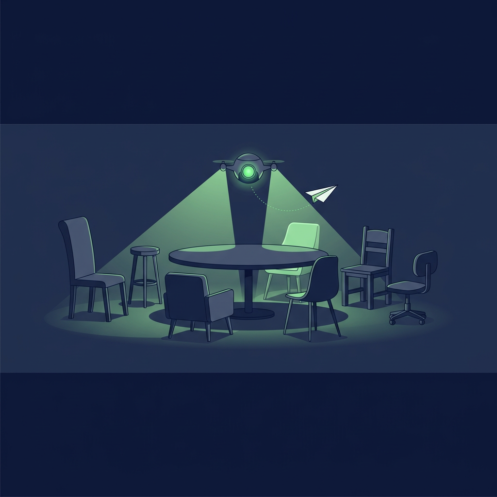 A small drone shines two green beams over a round table ringed by six differently shaped chairs, and a paper plane leaves it on a dotted path.