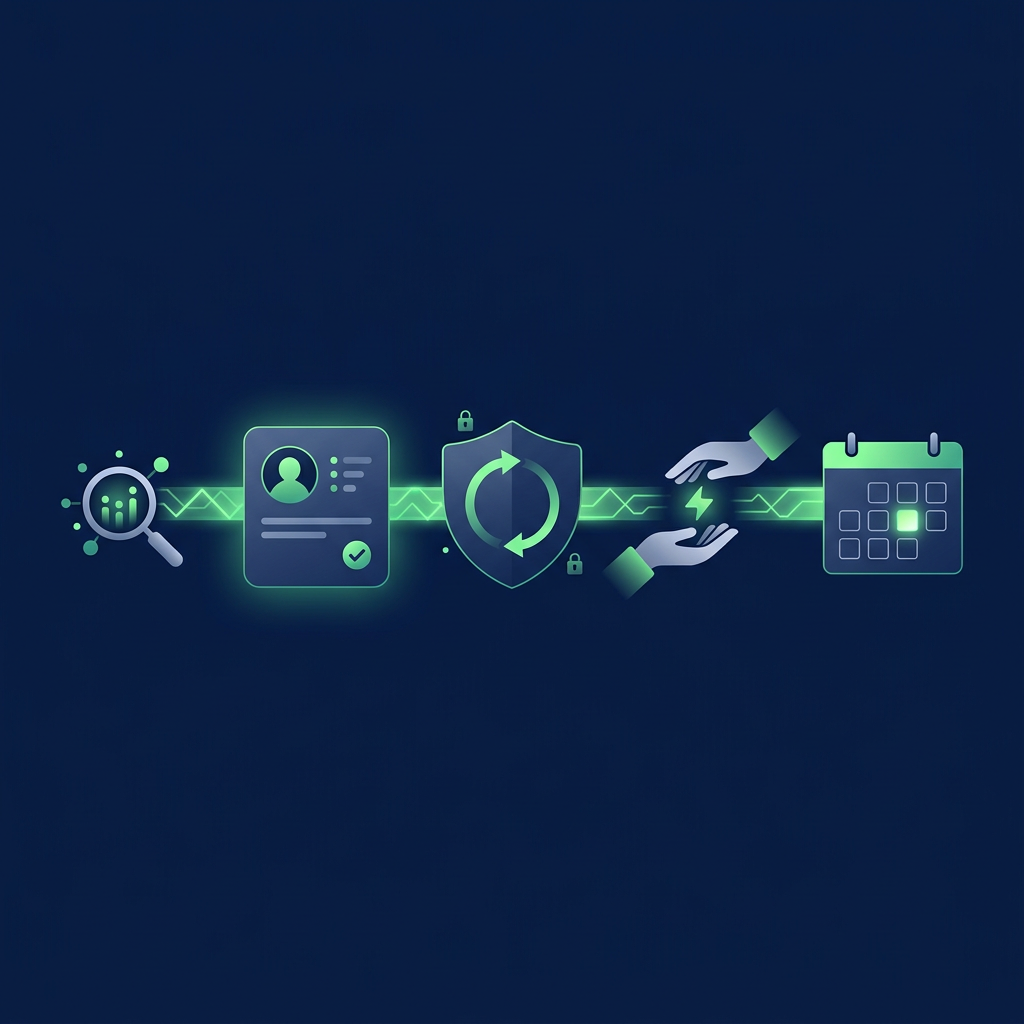 Text-free editorial vector illustration on a deep navy background showing a luminous green research signal passing through a verified profile card, a guarded automation loop, a human handoff, and an open calendar slot, expressed only with simple icons and shapes and containing no letters, numbers, labels, logos, interface text, or watermarks.