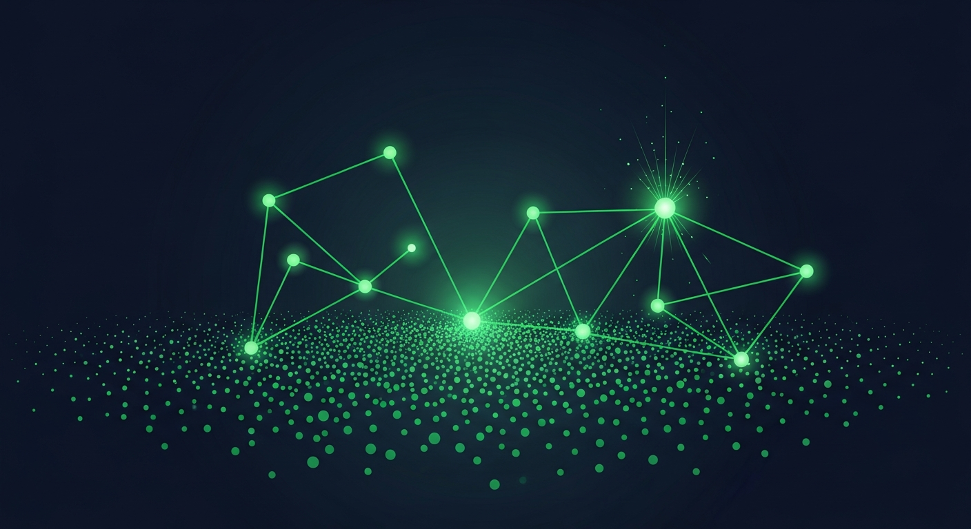 Editorial illustration of a constellation of glowing green nodes connected by thin lines on a deep navy background, suggesting an AI model surfacing high-value leads from a wider network.