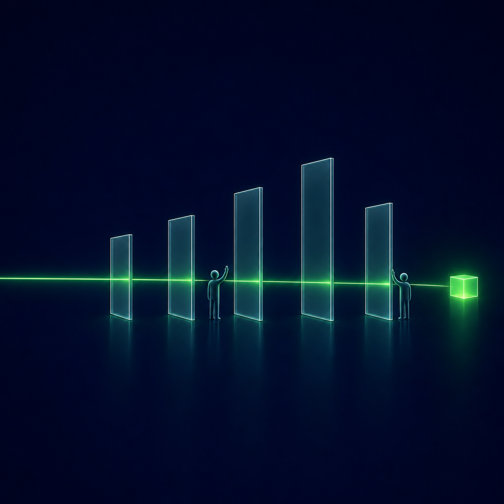 A green line passes five glass gates of different heights, with a small figure beside two of them, and ends in one glowing cube.