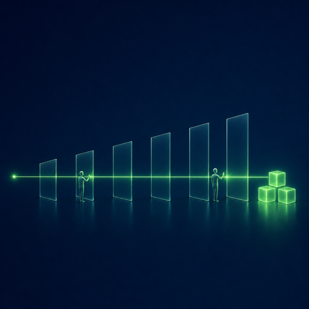 A green line runs through six glass panels of rising height, two with a small figure checking it, and ends at three glowing cubes.