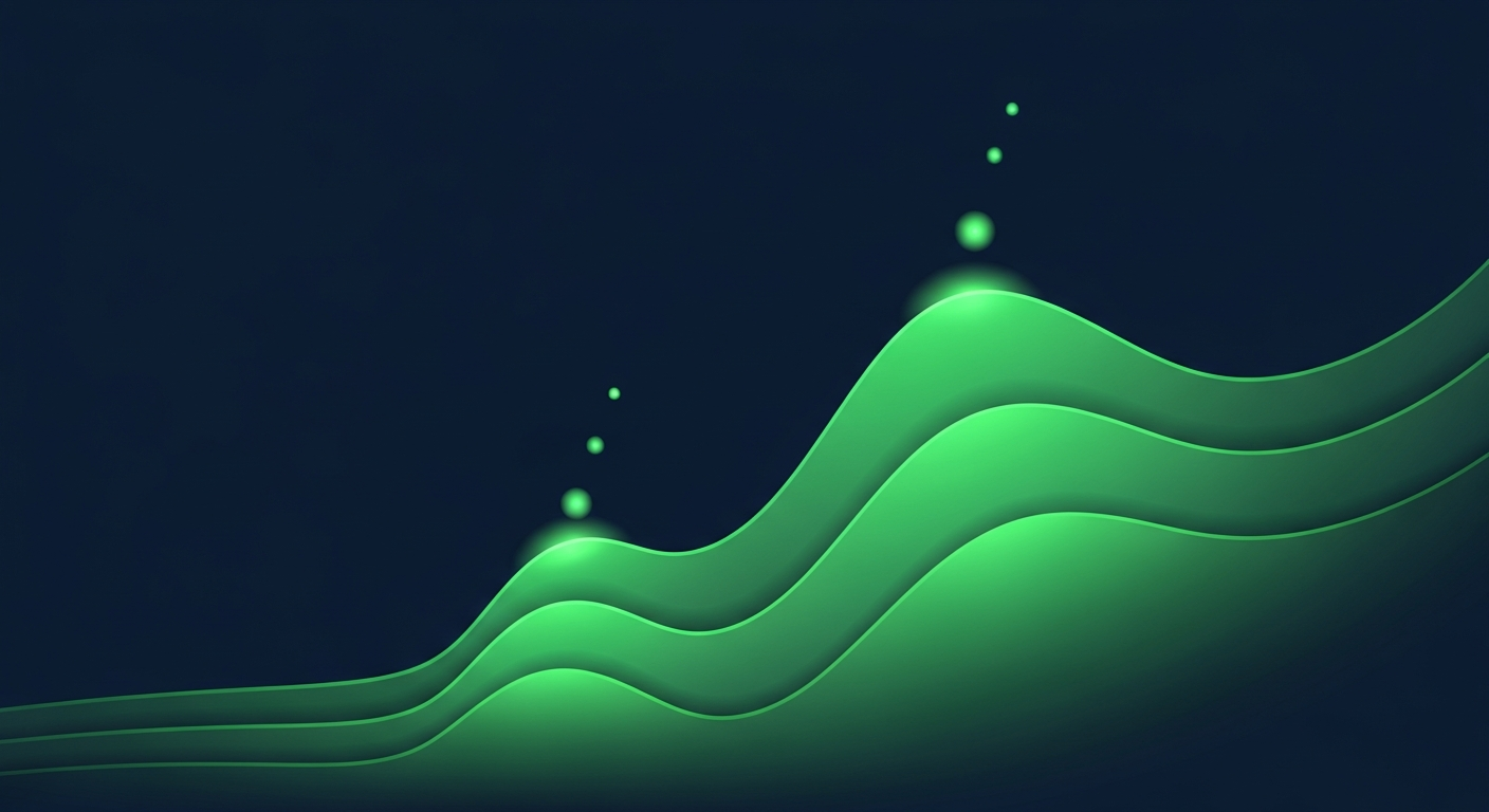 Editorial illustration of three ascending luminous green wave bands on a deep navy background, each crest rising higher than the last, with small glowing orbs floating upward along the crests — successive waves of AI capability lifting a sales team's momentum.