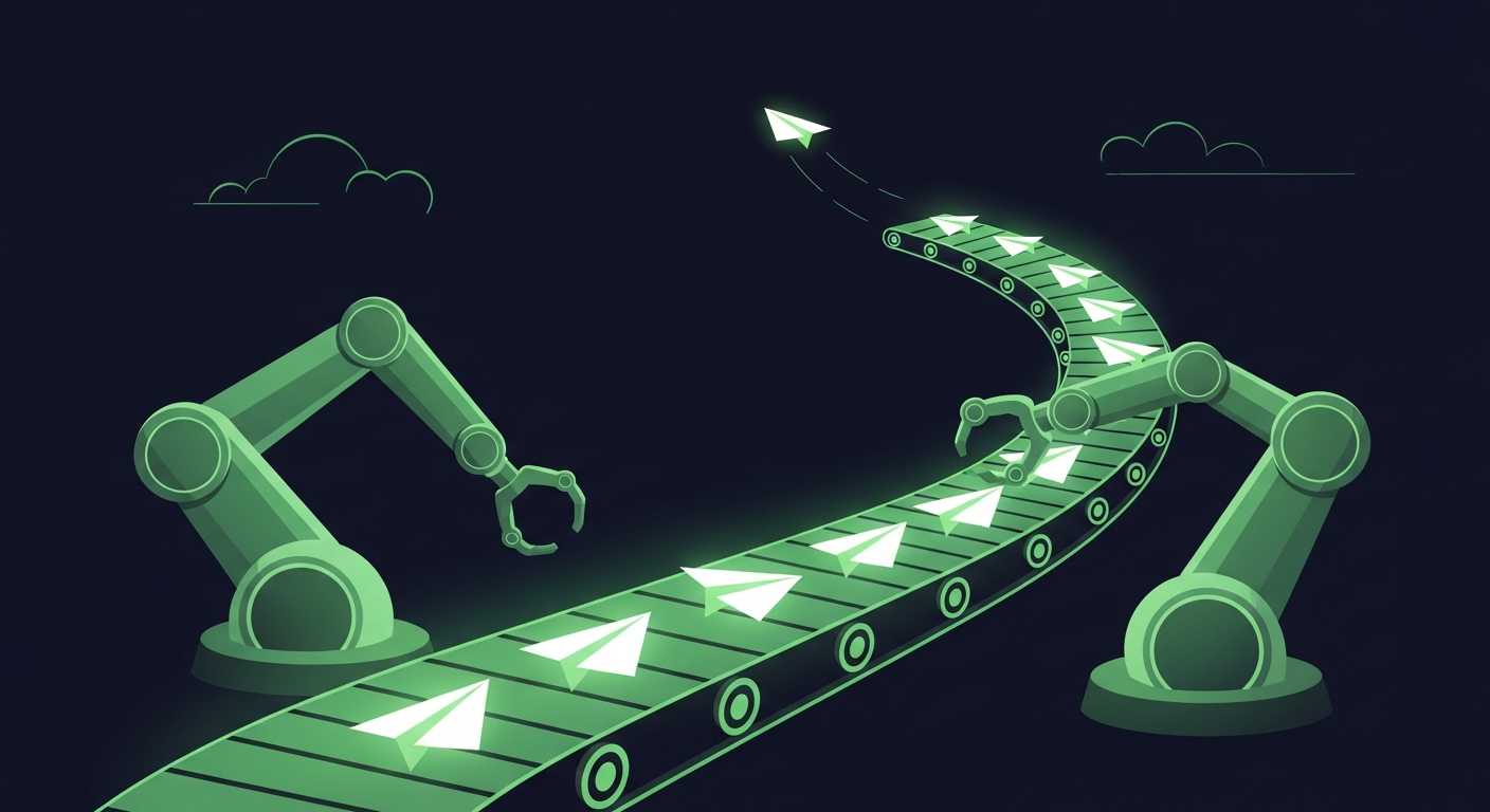 Editorial vector illustration on a deep navy background: two friendly green robotic arms tend a curving conveyor of softly glowing paper planes, guiding them along a luminous path while one plane lifts off into the dark sky — automated outreach with a human hand at the point of takeoff.