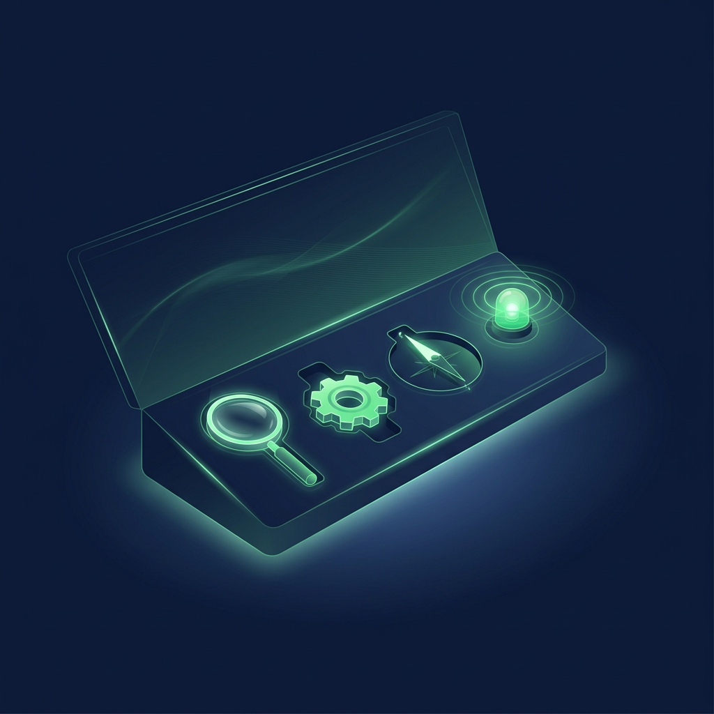 Editorial vector illustration on a deep navy background: an open glowing control deck seen at a slight angle, with four fitted recesses each holding a distinct luminous instrument — a magnifying lens, a gear, a compass needle, and a signal beacon — the essential features docked into one integrated platform.
