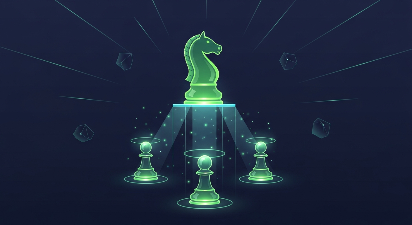 Editorial vector illustration on a deep navy background: a tall luminous green chess knight stands on an elevated glass platform, with beams of light flowing down to three smaller glowing pawns below — AI-driven strategy equipping and elevating the whole sales team.