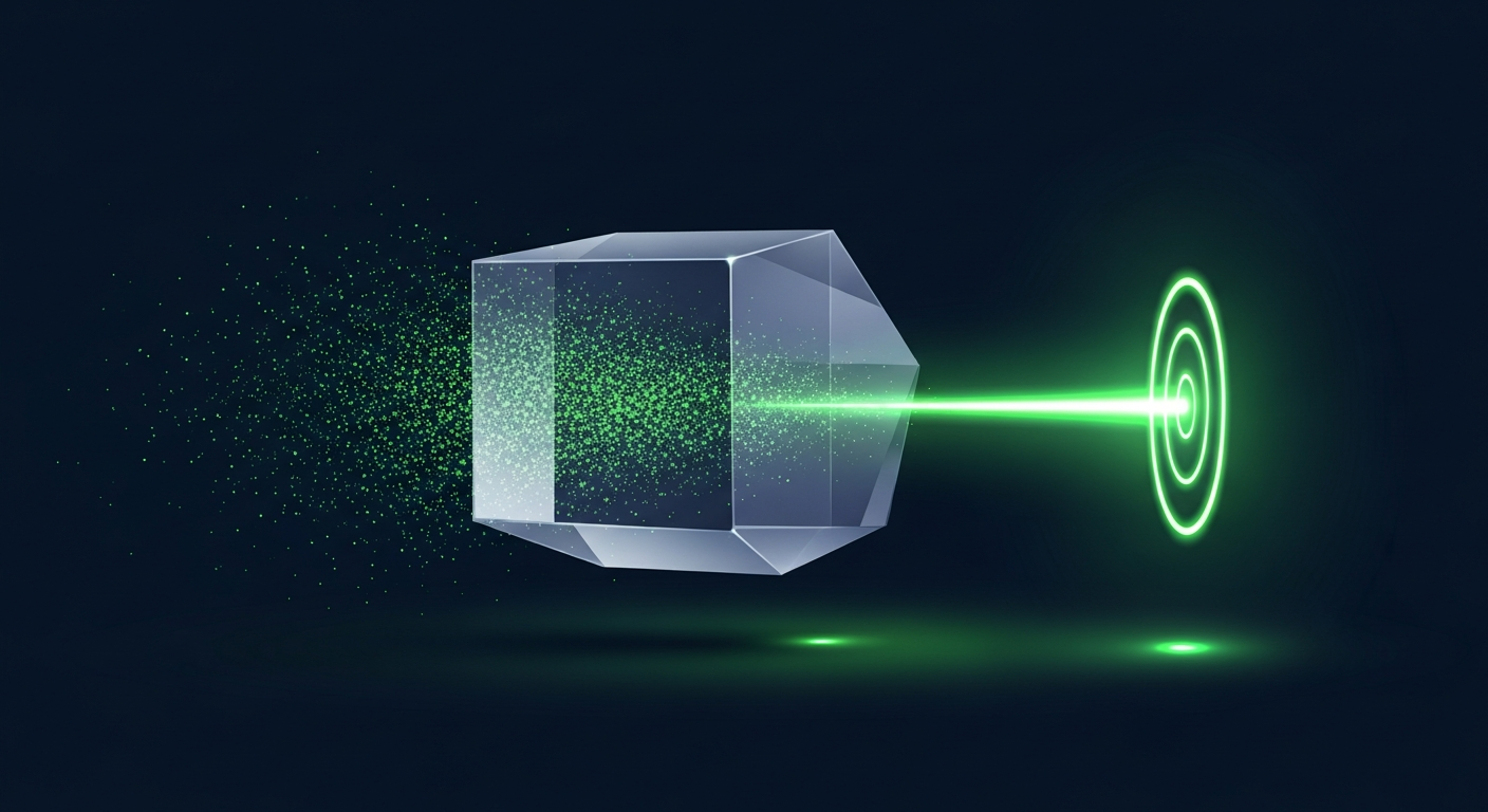 Editorial vector illustration on a deep navy background: a wide scatter of dim particles streams into a translucent glass prism and emerges as a single focused beam of luminous green light striking a glowing target ring — AI concentrating scattered prospecting effort onto the right accounts.