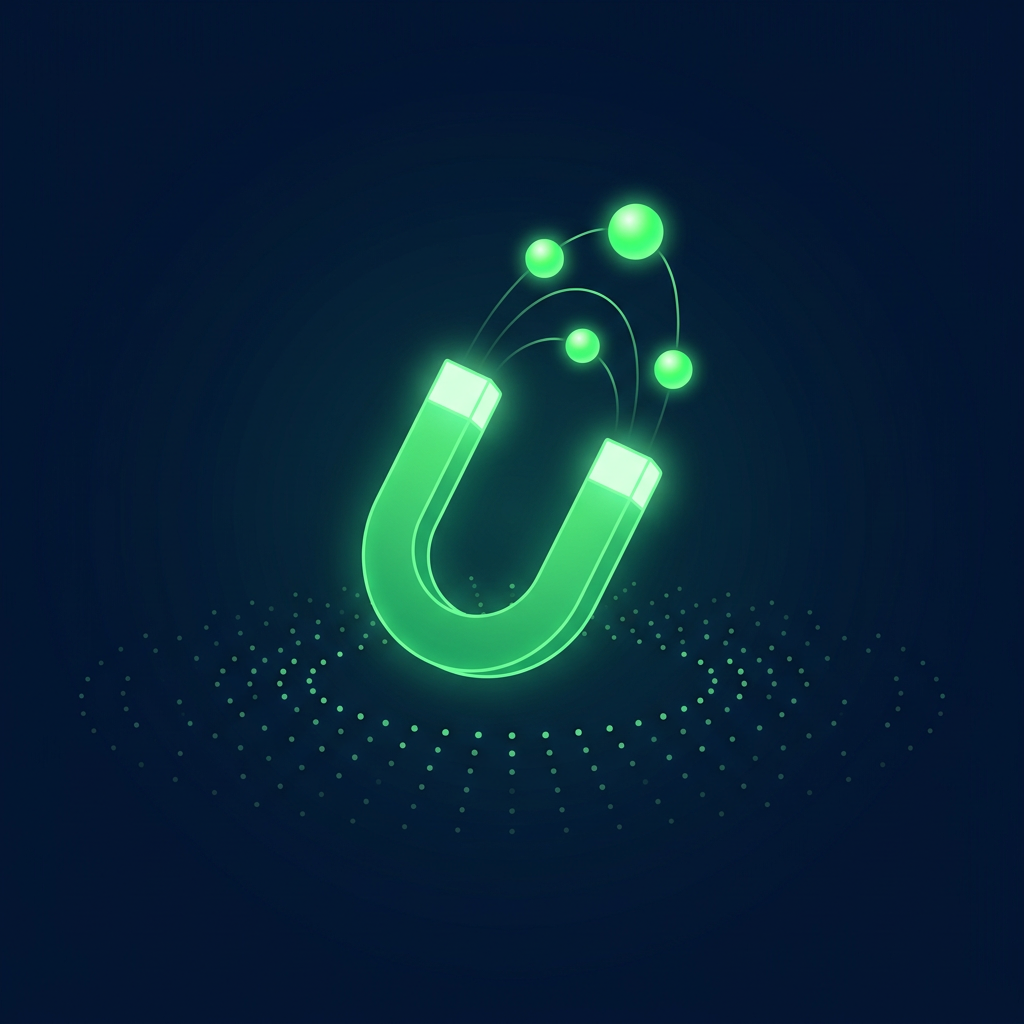 Editorial vector illustration on a deep navy background: a luminous green horseshoe magnet held above a wide field of small dim scattered dots, lifting a few bright glowing spheres upward in gentle arcs — AI software pulling real sales leads out of market noise.