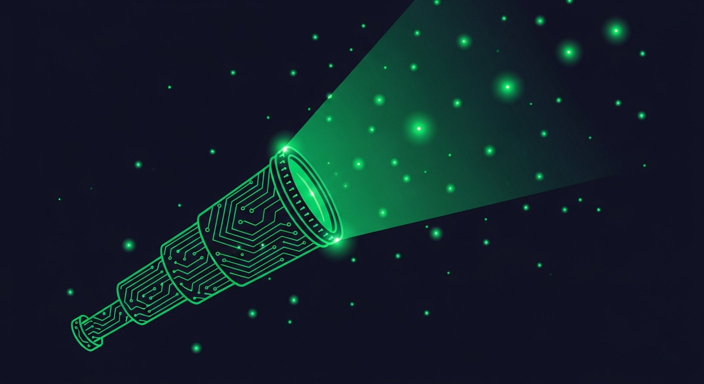 Editorial illustration of a telescope formed from luminous green circuit traces sweeping a light beam across a field of dim dots on a deep navy background, with the dots caught in the beam glowing bright, suggesting AI tools surfacing the right prospects.