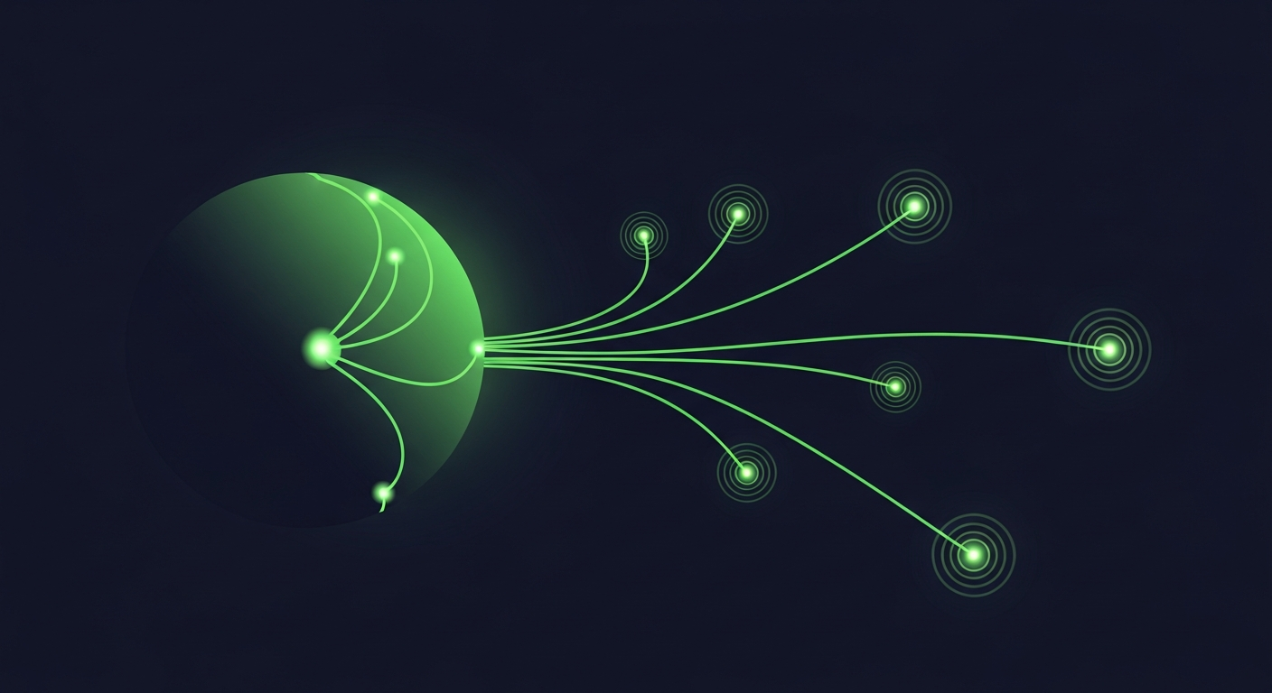 Editorial illustration of several luminous green paths branching away from a large dimmed sphere toward a constellation of smaller glowing signal nodes on a deep navy background, suggesting teams diverging from one platform toward new alternatives.