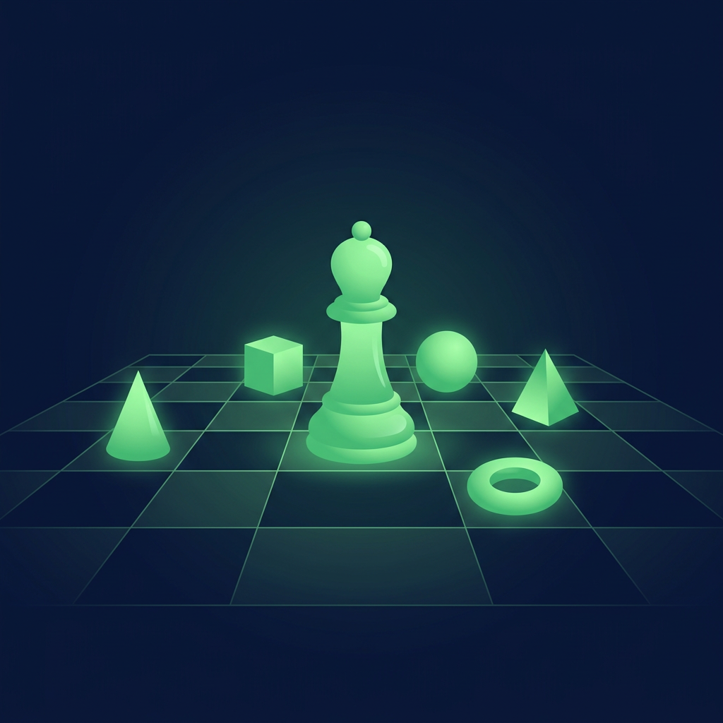 Editorial illustration of a chessboard viewed at a low angle on a deep navy background, with one large luminous green rounded piece at the center surrounded by five smaller glowing pieces of clearly different geometric silhouettes, suggesting one platform positioned among distinct competitors.