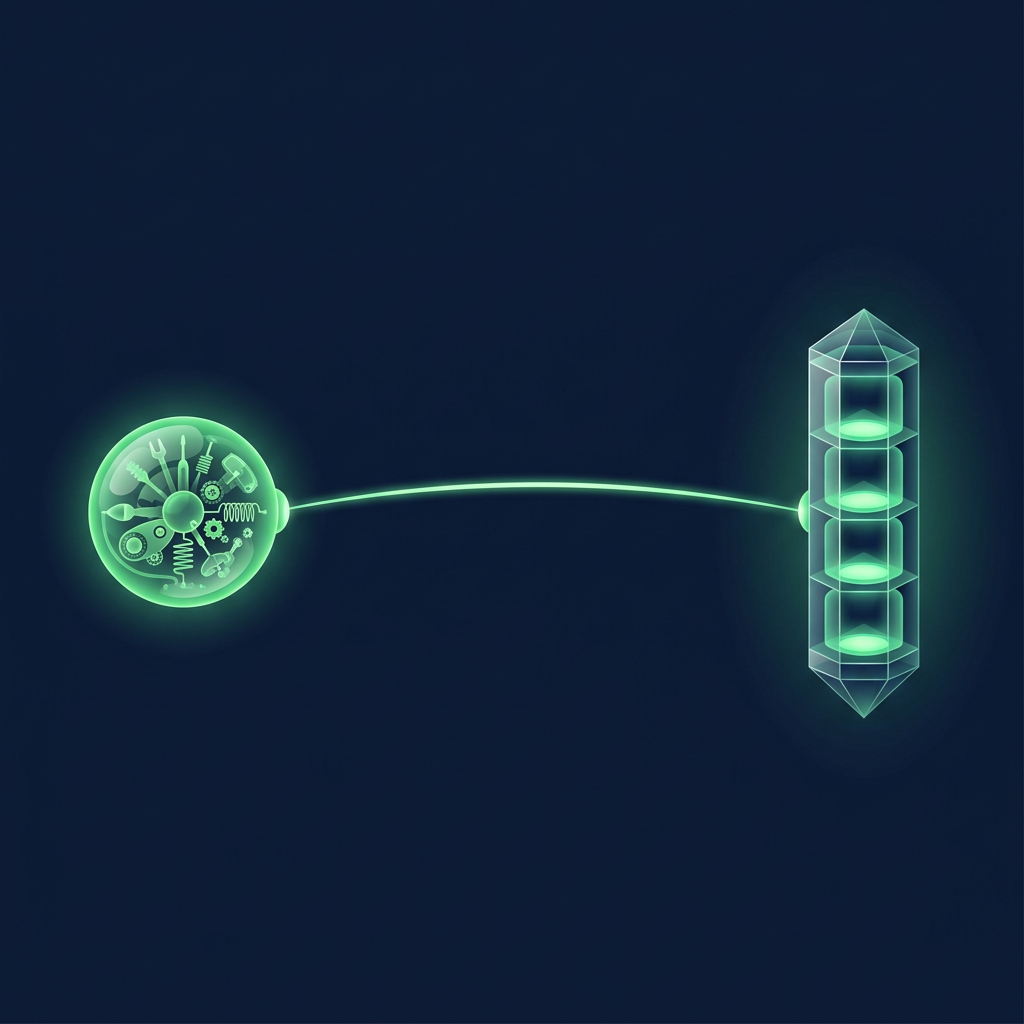 Editorial illustration on a deep navy background of two luminous machines facing each other: a compact green orb packed with many small glowing instruments on the left, and a tall layered crystalline tower with deep internal chambers on the right, connected by a thin beam of light.