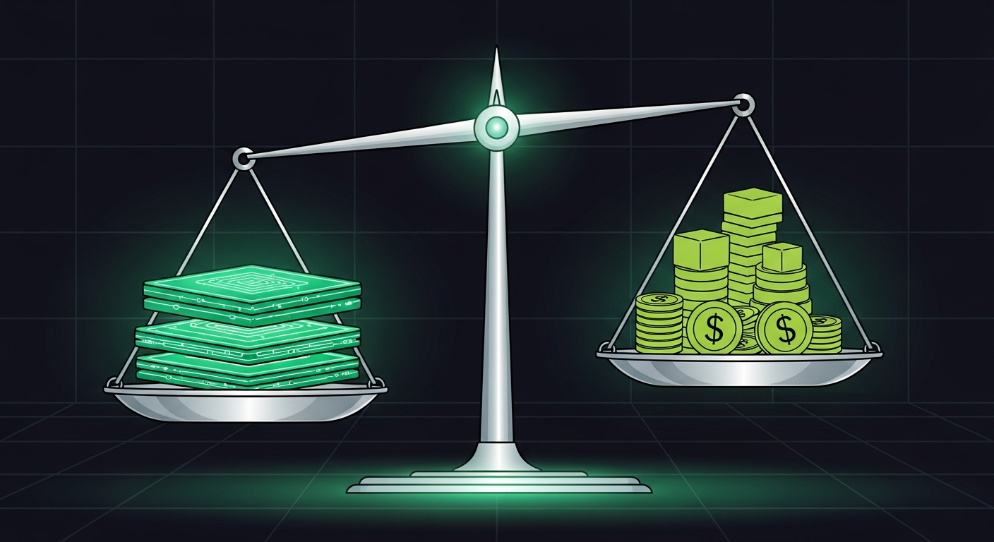 Editorial illustration of a luminous balance scale weighing two glowing data platforms against stacks of cost units on a dark navy background with green accent glow.