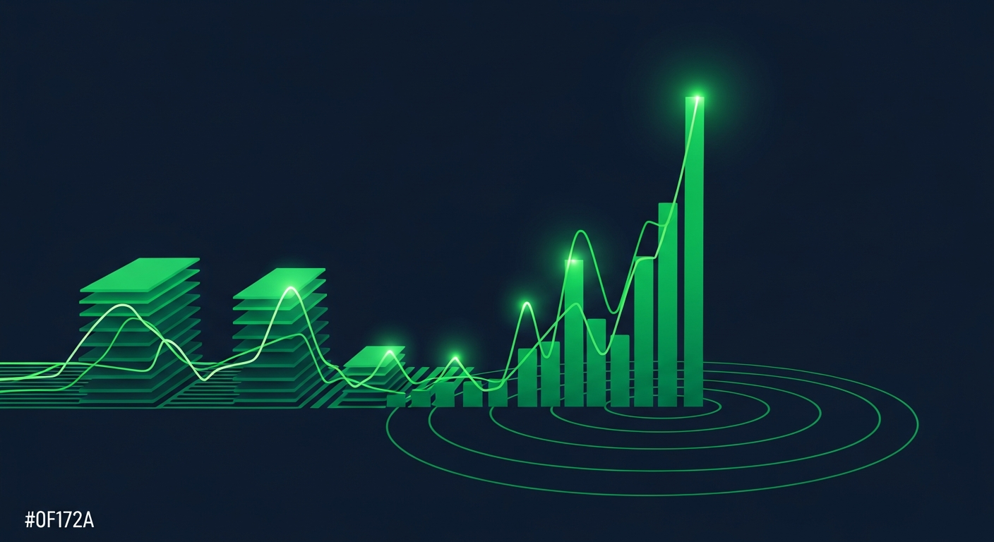 Editorial illustration of ascending green signal bars and rising waveforms peaking above concentric radar rings on a deep navy background.