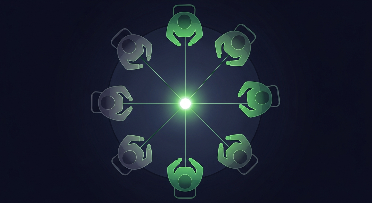 Editorial vector illustration on a deep navy background, viewed from above: seven abstract figures seated in a circle around a table, some glowing luminous green and some dim slate, with thin radiant lines converging from every figure to a single bright orb at the center — the buying committee converging on one decision.