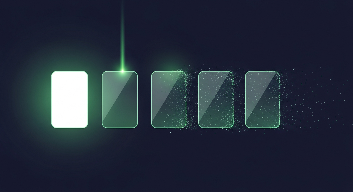 Editorial vector illustration on a deep navy background of five translucent glass cards floating in a row — the leftmost card crisp and softly glowing, each card to the right progressively eroding and dissolving into drifting particles, while a luminous green beam from above restores the glow of one fading card, suggesting contact records aging and being re-verified.