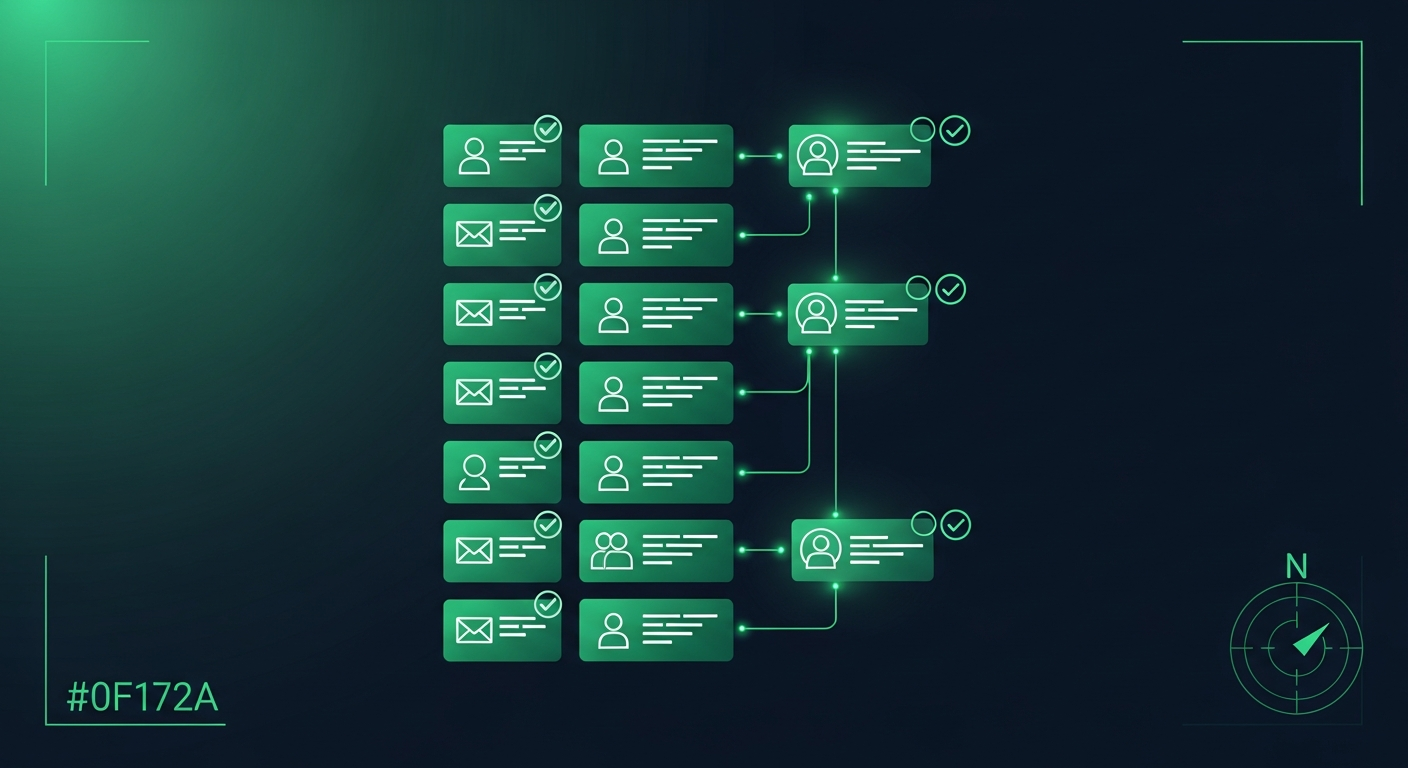 Editorial illustration of glowing emerald contact cards and person nodes being assembled and verified into a single clean list on a deep navy background, suggesting a B2B contact list building service producing verified prospects.