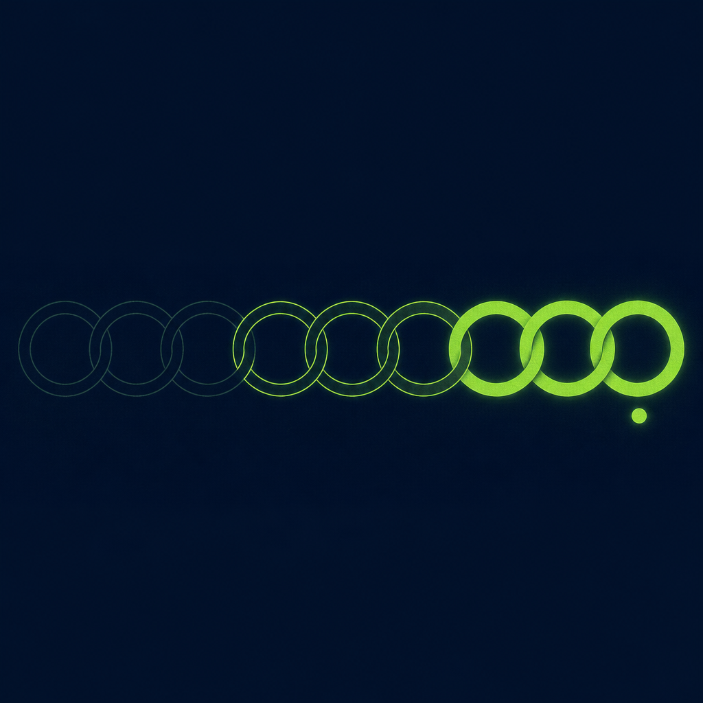 Text-free editorial vector illustration on a deep navy background, composition held inside a horizontal band across the middle of the frame with empty navy margins above and below: a horizontal chain of nine interlinked rings runs from left to right; the first three rings are thin, dim outlines, the middle three are brighter outlines, and the last three are solid luminous spring green; a small solid bright dot sits beneath the ninth ring; minimal flat shapes, subtle glow, no letters, numbers, labels or logos.