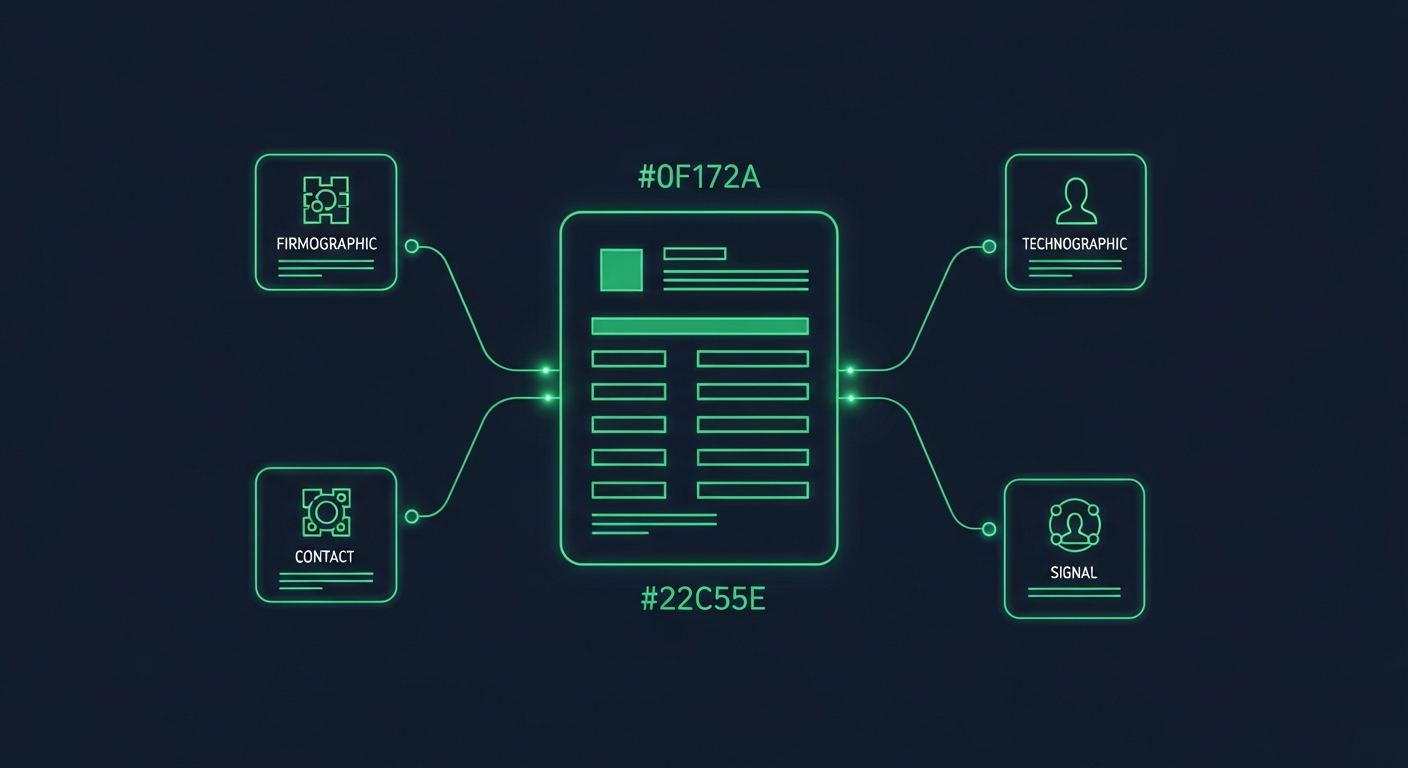 Editorial illustration of a central record card on a deep navy background with smaller satellite cards connected by glowing green lines, suggesting layered B2B data enrichment from multiple sources.