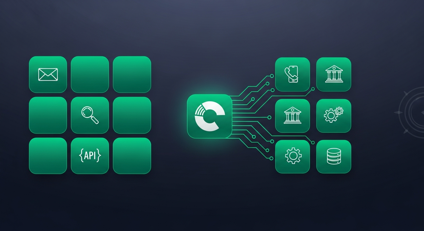 Editorial illustration of emerald-green enrichment tool tiles with white line icons — email, phone, firmographic, technographic, signal, and API — routing through glowing green circuit lines into a single central enriched record card on a deep navy background.