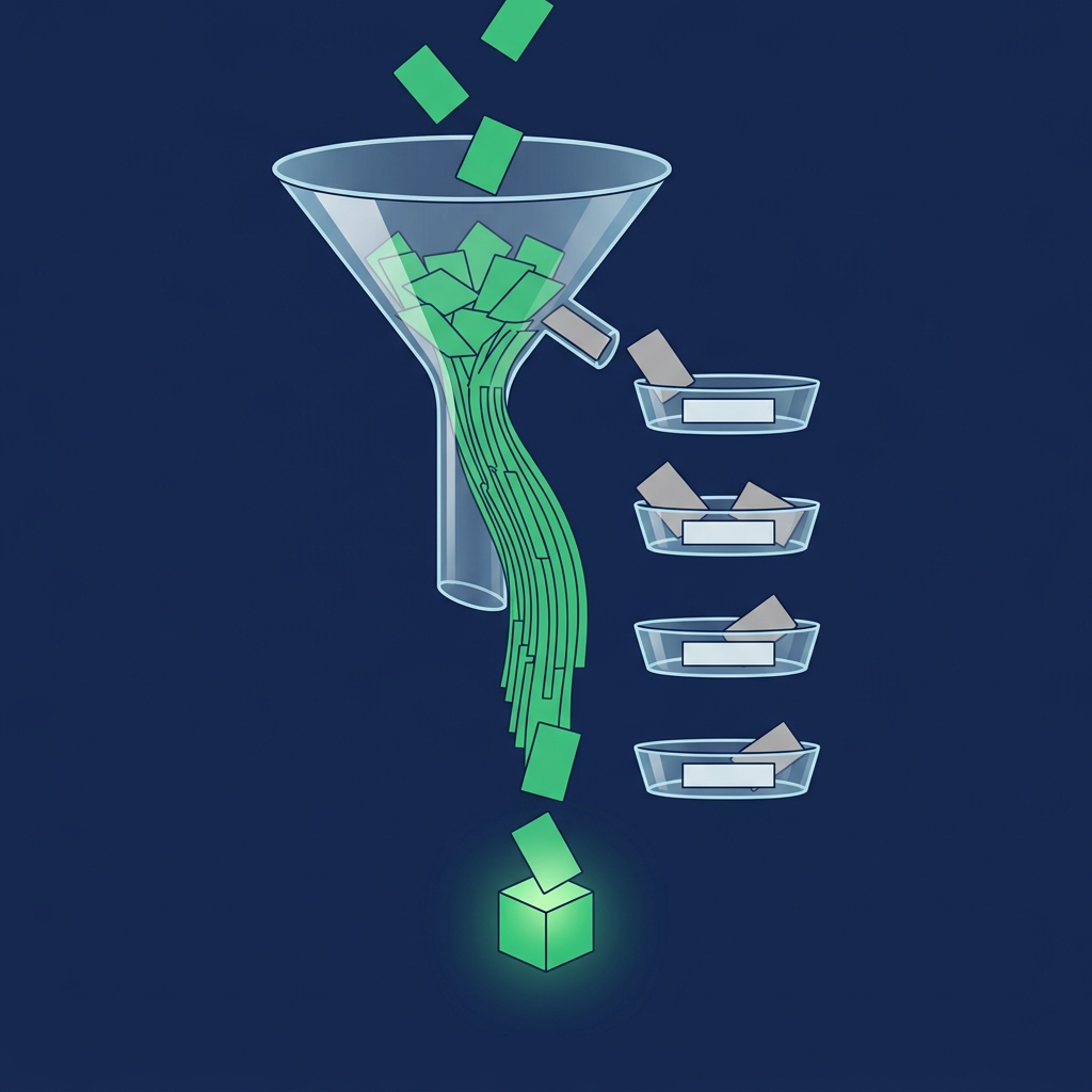 A glass funnel sorting small cards: green cards stream down to a lit green cube while a few grey cards drop into four blank glass trays at the side.