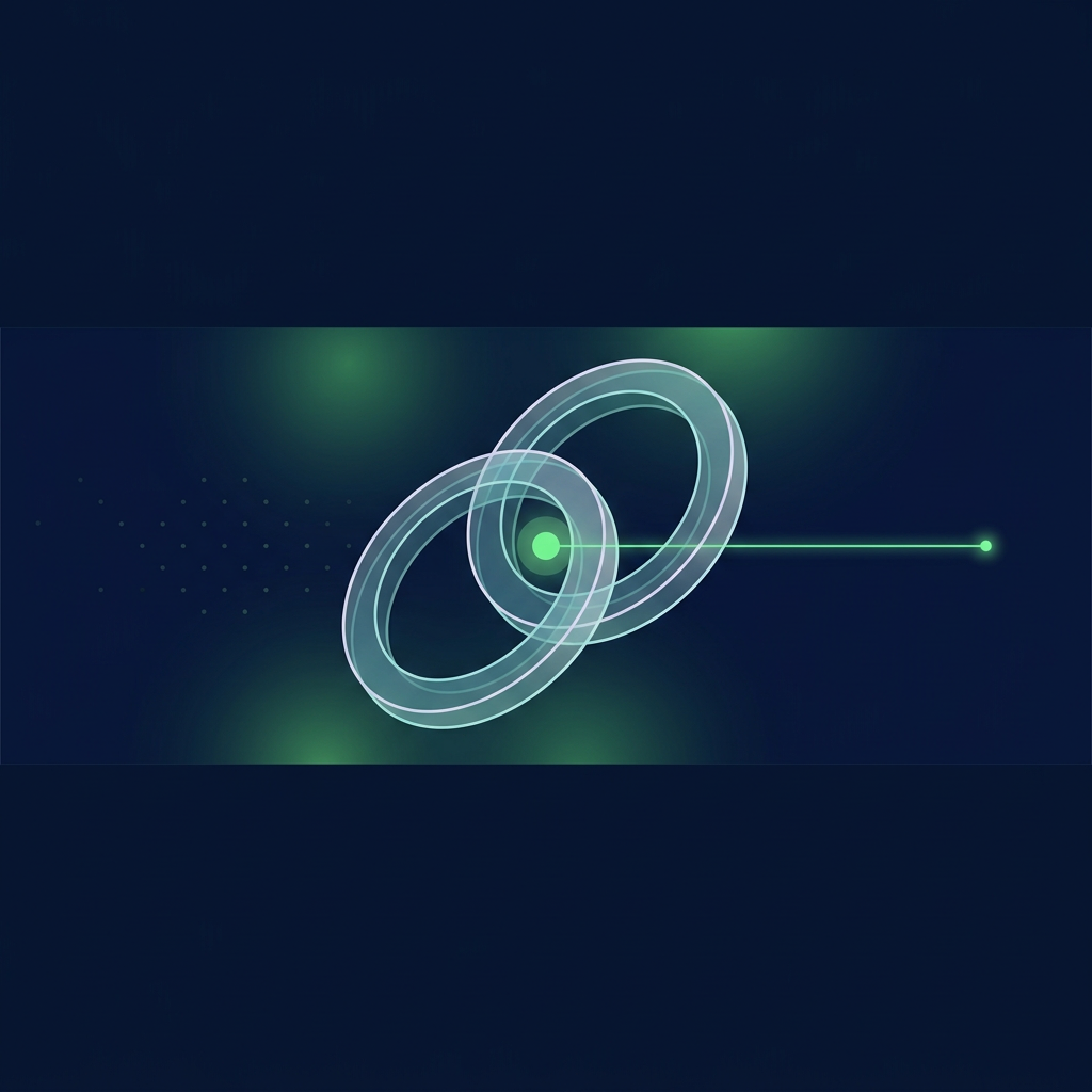 Two interlocked translucent rings on a deep navy field with one bright green node where they link and a thin line running out to the right.