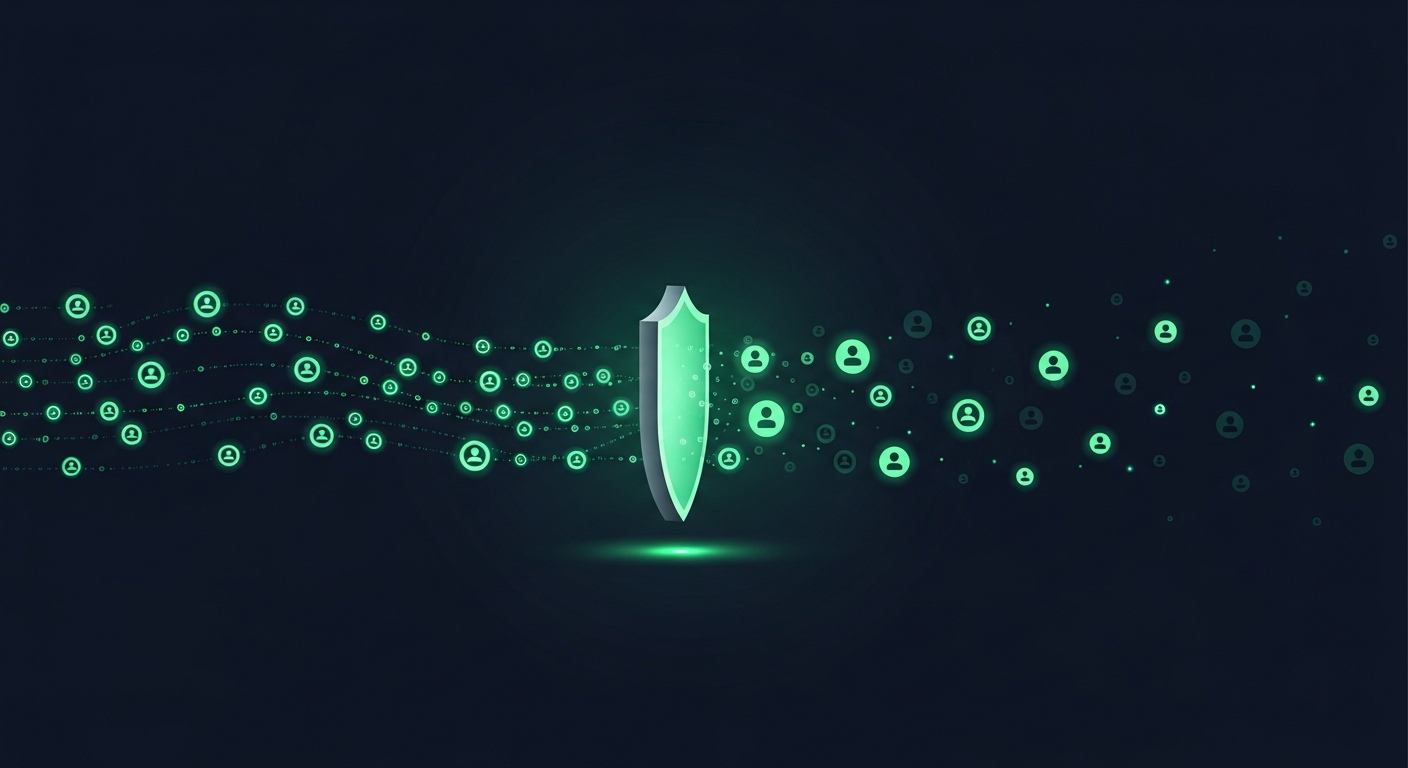 Editorial illustration of multiple contact-data streams from different sources flowing through a glowing green shield-shaped governance gate, where lawful records continue as bright nodes and screened-out records fade, on a deep navy background, suggesting compliance filtering across B2B data providers.