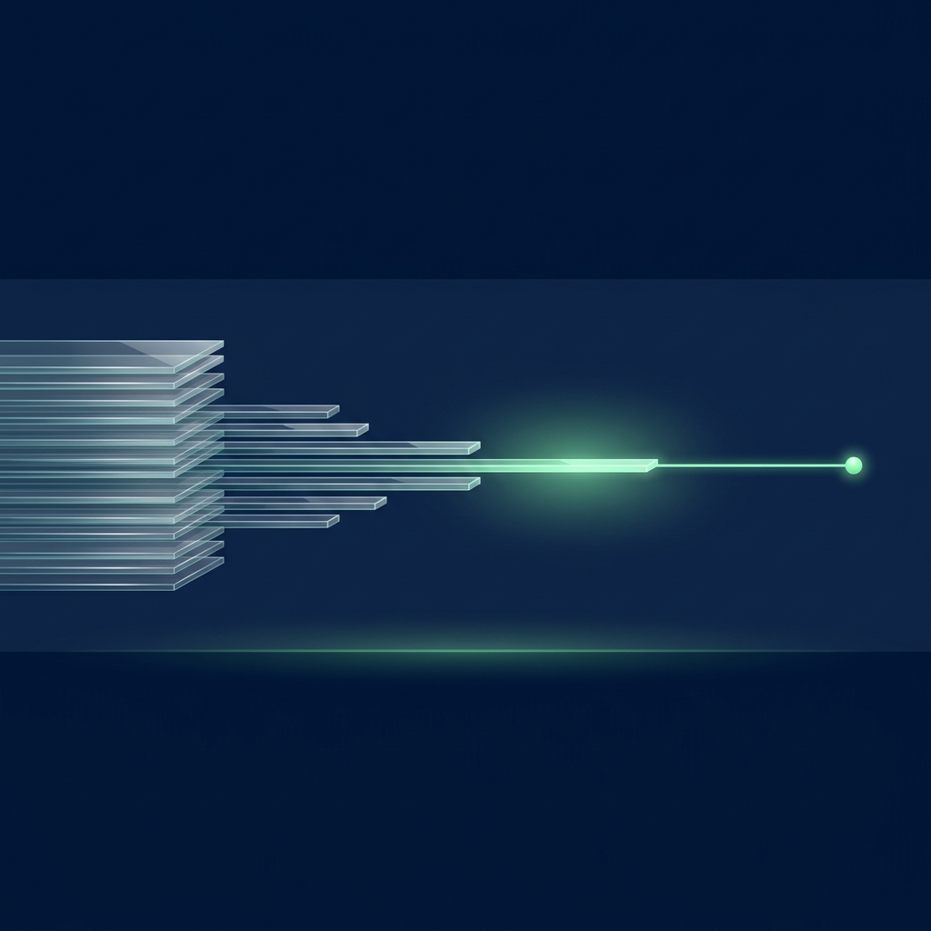 A stack of thin glass strips on the left narrows to a single glowing green strip that continues as a thin line ending in a small green node.