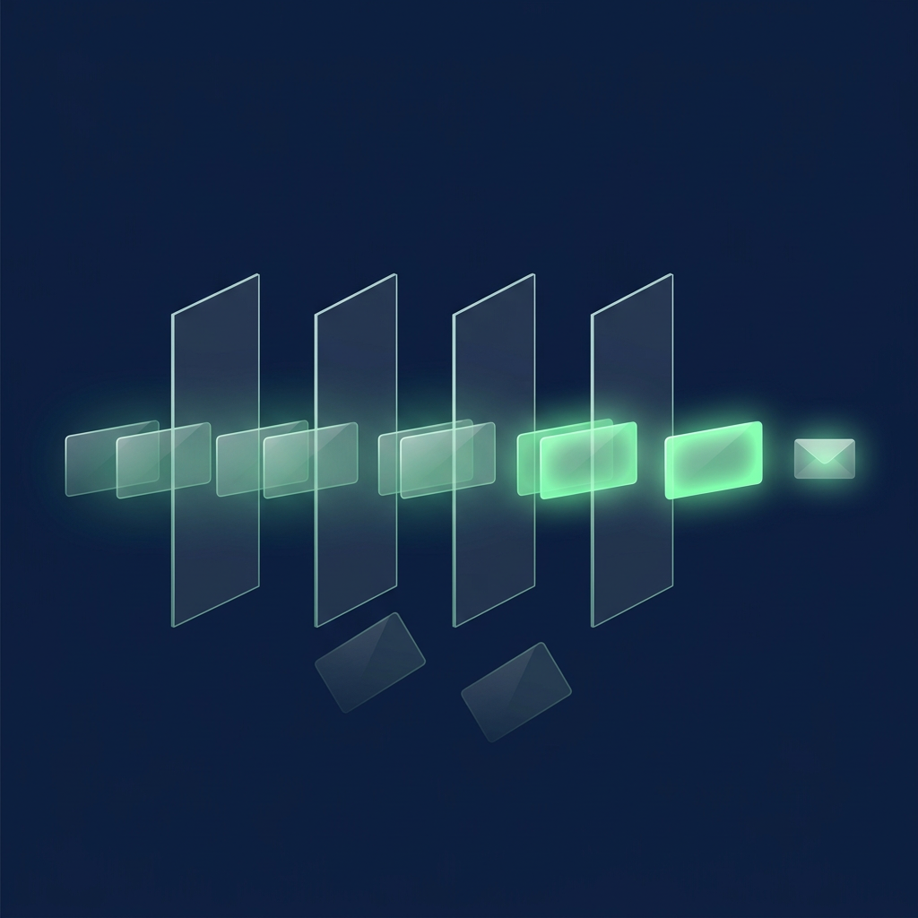 A row of glass record cards passes through four identical thin glass panes; the cards that clear all four glow green and reach a small glowing envelope, while two faint cards drift away below.