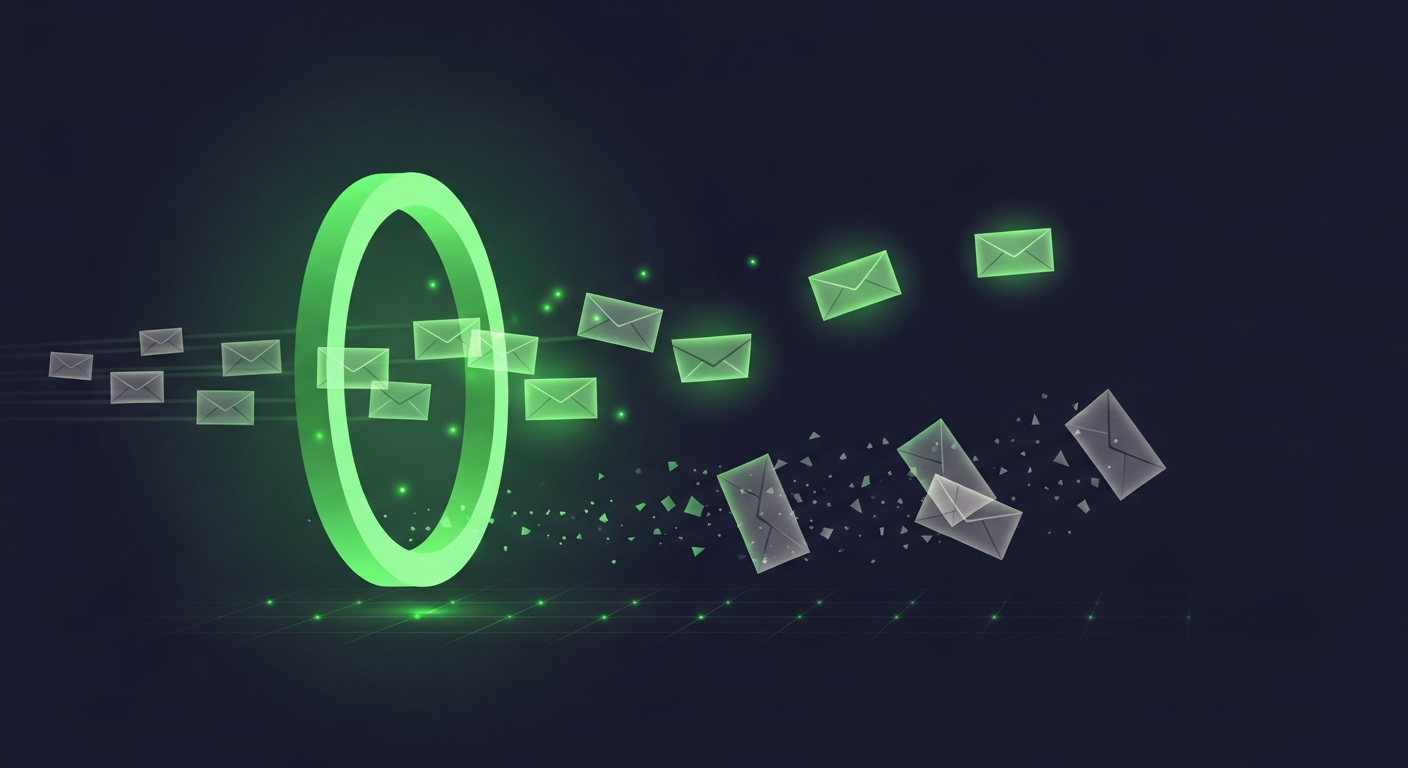 Editorial vector illustration on a deep navy background of translucent envelopes flying through a luminous green circular scanner ring — envelopes that pass through glow bright green and continue onward, while two dull grey envelopes below the ring crumble into drifting particles, suggesting invalid addresses being filtered out before a send.