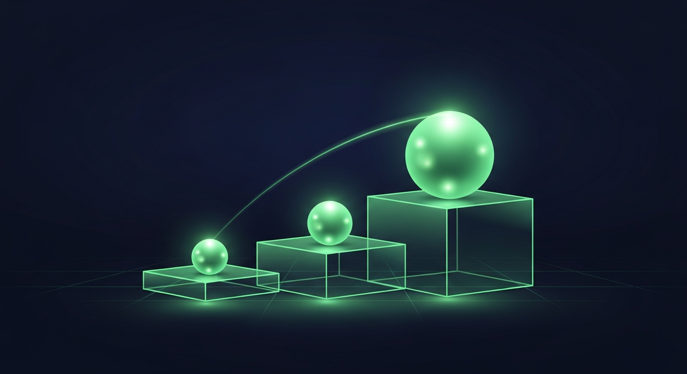 Editorial illustration of three ascending translucent green glass tiers of increasing height on a deep navy background, each platform holding a glowing orb that grows larger with the rising tiers, suggesting B2B intent data priced in scaling bands from small to enterprise.