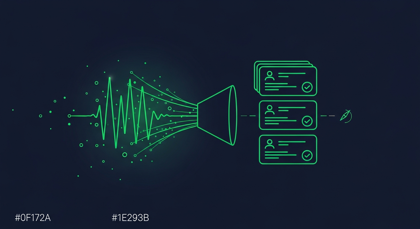 Editorial illustration of green intent-signal waveforms converging through a funnel into a stack of verified contact cards on a deep navy background.