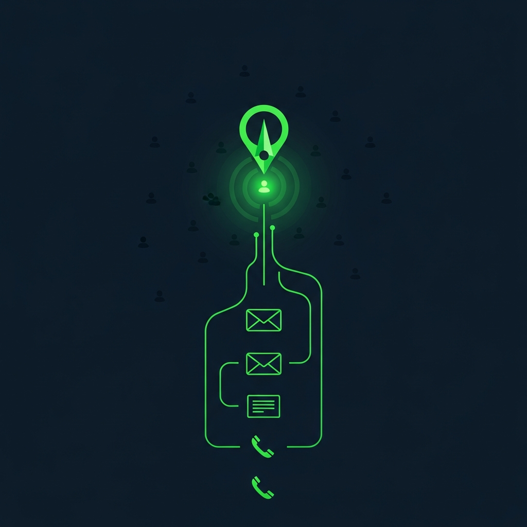 Editorial illustration of a green compass needle locking onto a glowing signal among scattered account dots, feeding a stacked outbound cadence on a deep navy background.