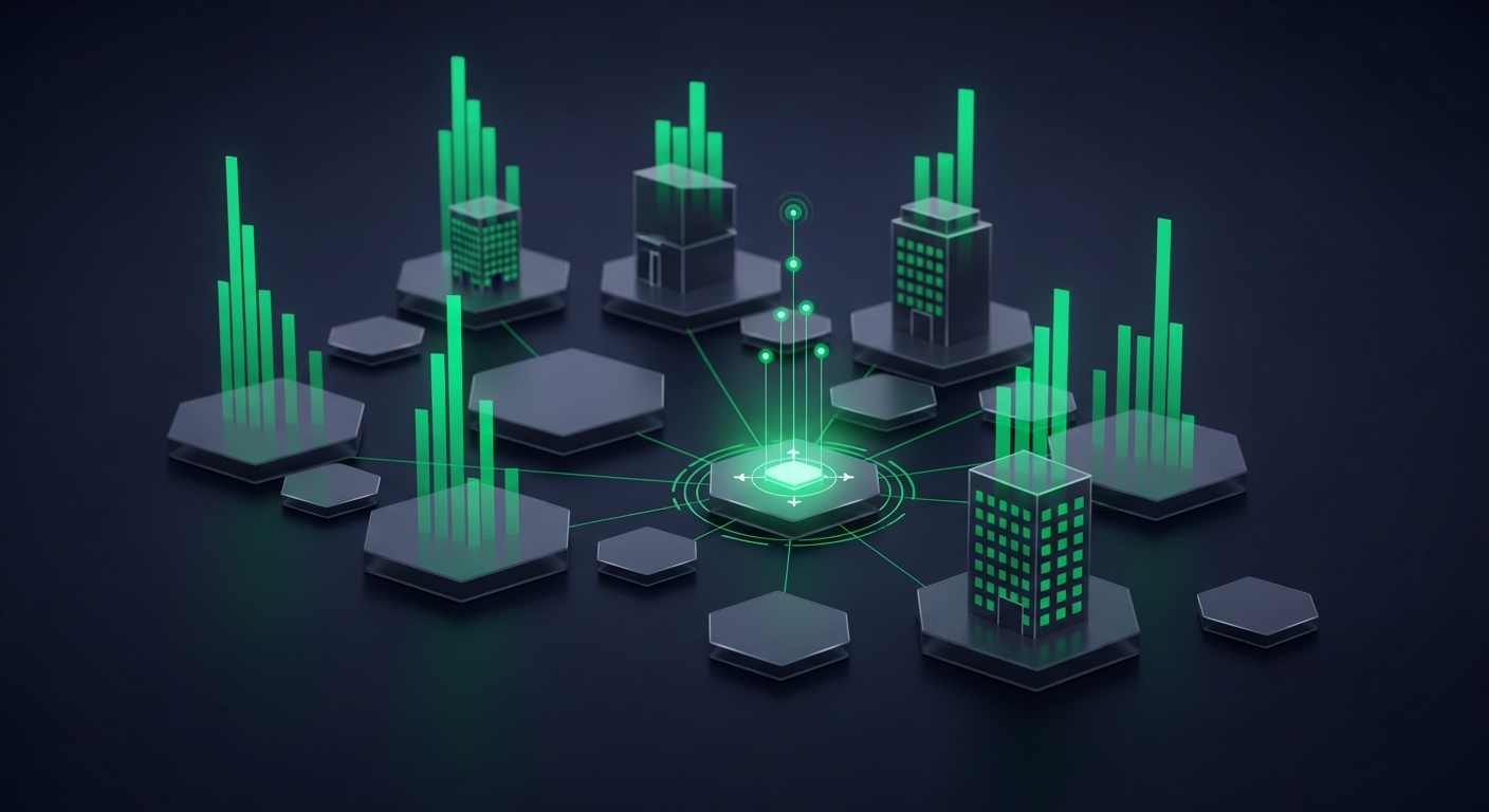 Editorial illustration of green intent-signal pulses rising from a cluster of hexagonal company nodes on a deep navy background, with one node spotlit, suggesting in-market companies surfaced from B2B intent data.